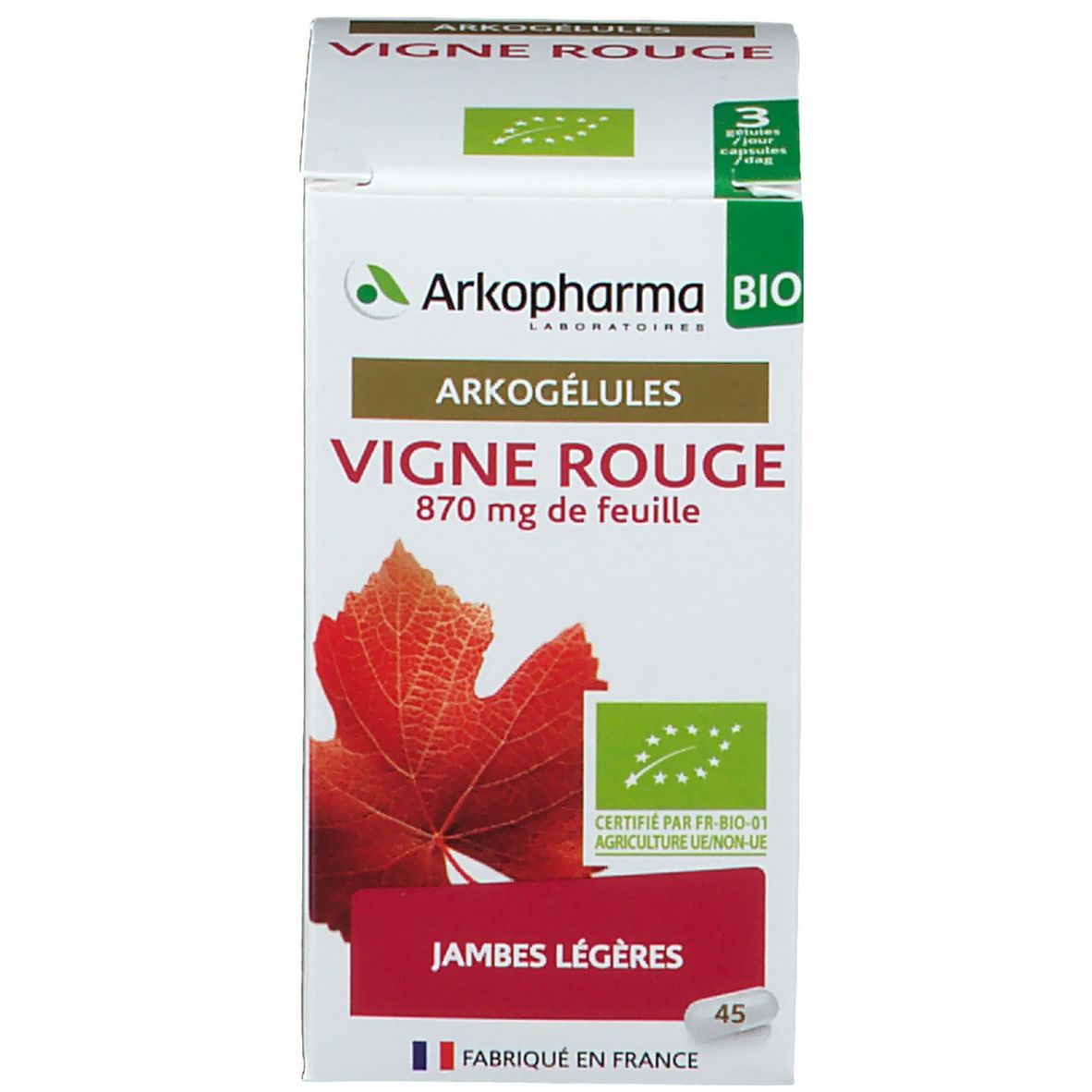 Productverpakking met opschriften 'Vigne Rouge' en 'Jambes légères'.