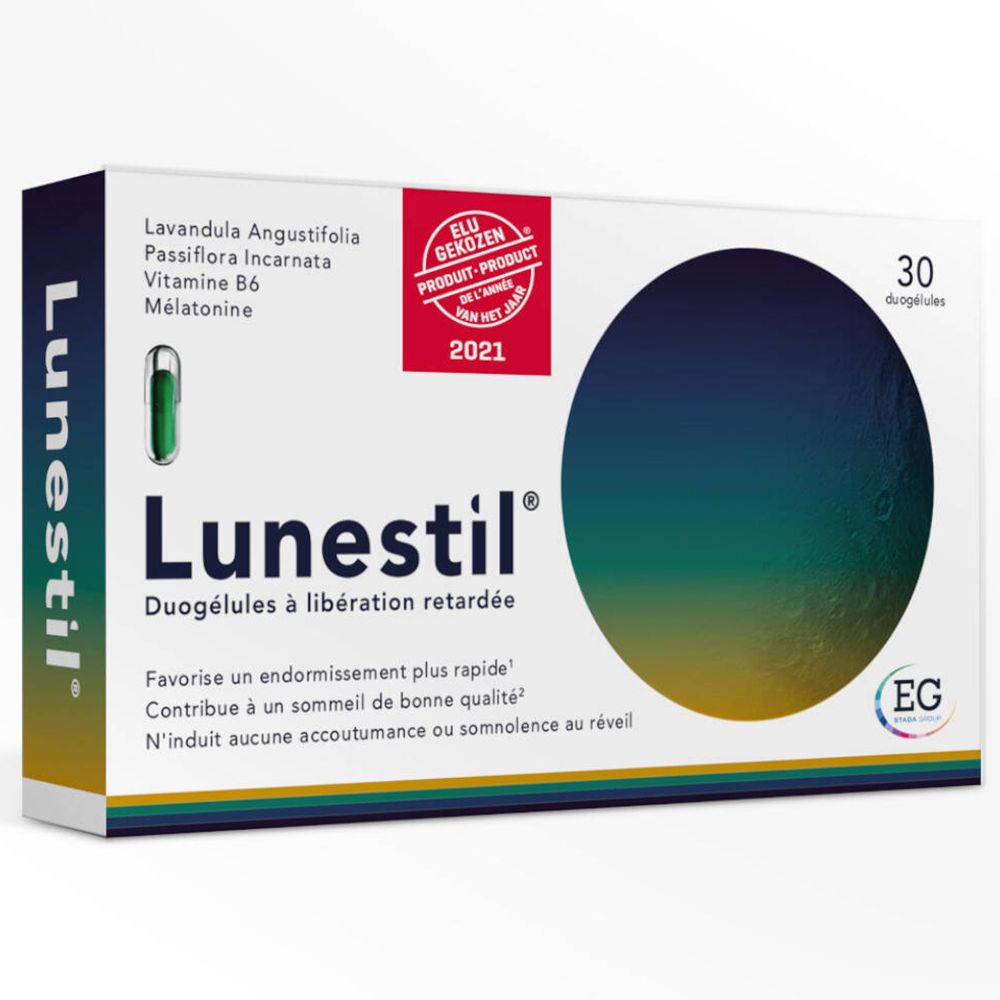 Boîte de Lunestil. Contient 30 duogélules. Ingrédients : Lavandula, Passiflora, Vitamine B6, Mélatonine. Label de qualité.