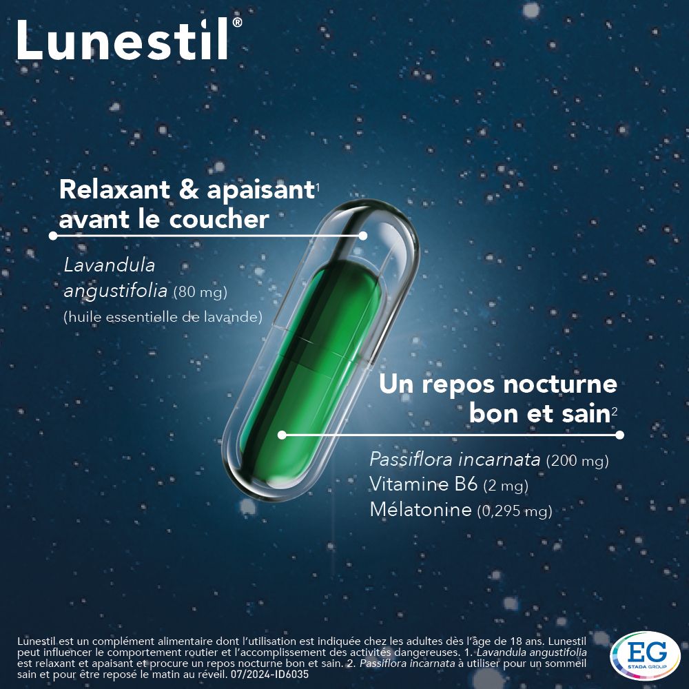 Gélule verte avec ingrédients : Lavandula, Passiflora, Vitamine B6, Mélatonine. Texte : Un repos nocturne bon et sain.