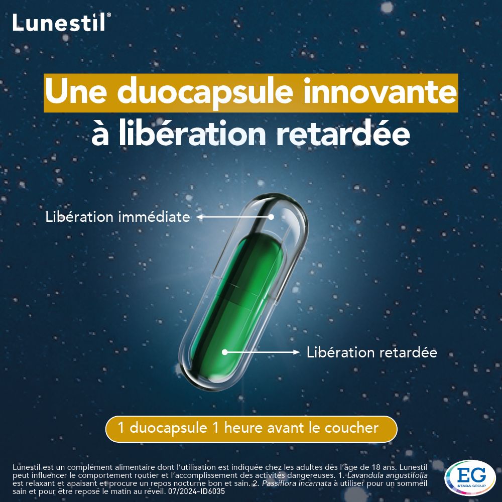 Gélule verte avec texte : Une duocapsule innovante à libération retardée.