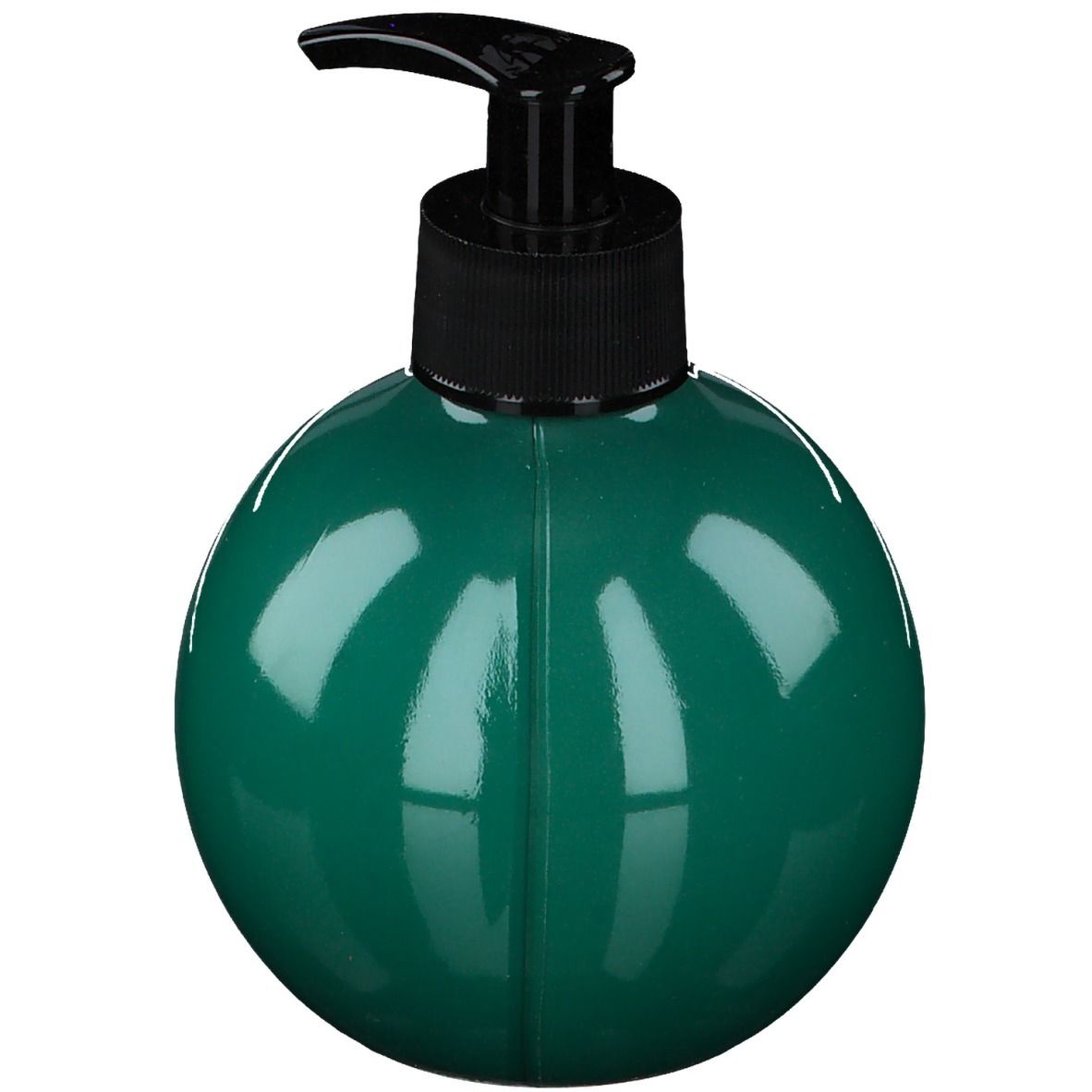 Groene, ronde handzeepfles met zwarte pomp. Verticale lijn in het midden van de fles.