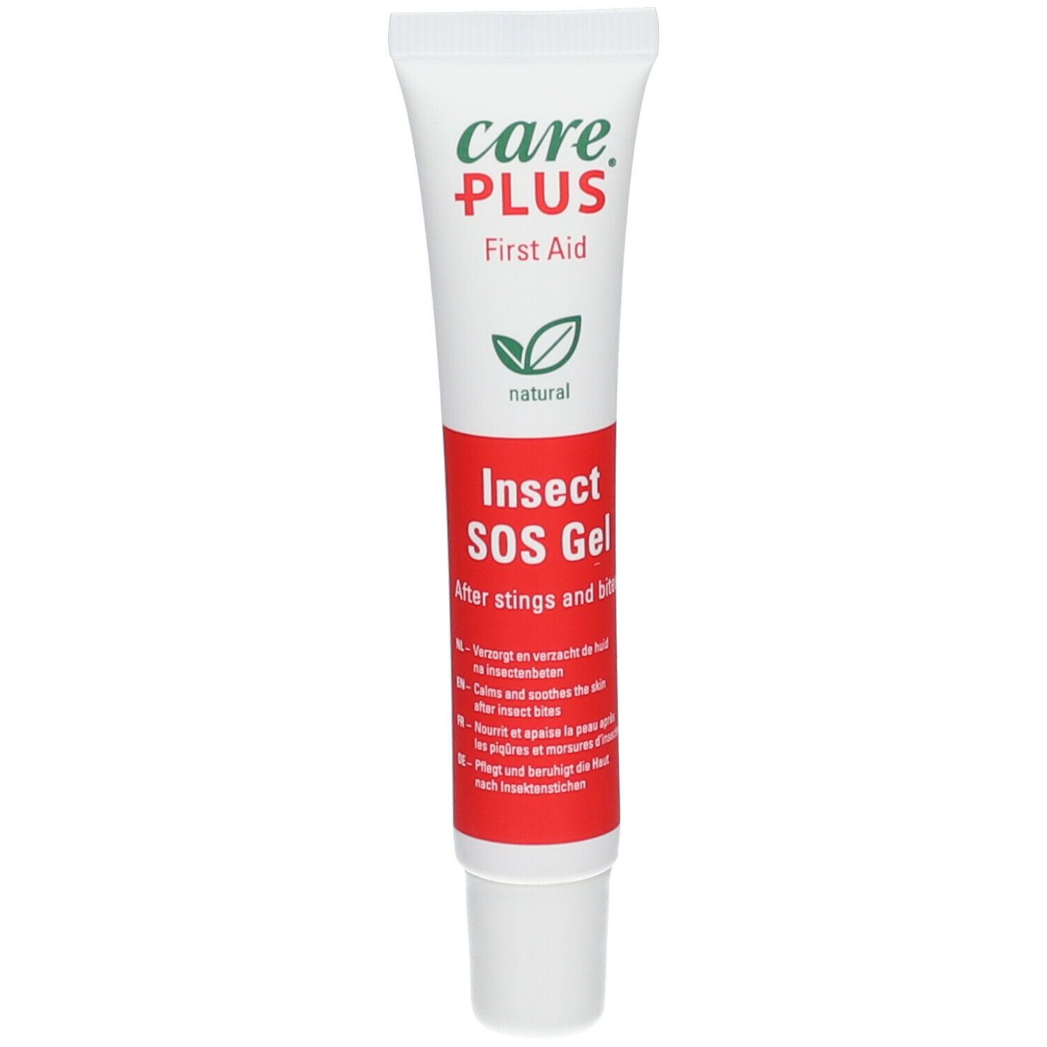 Witte en rode tube met care PLUS® logo en opschrift Insect SOS Gel. Bevat een groen blad-symbool.
