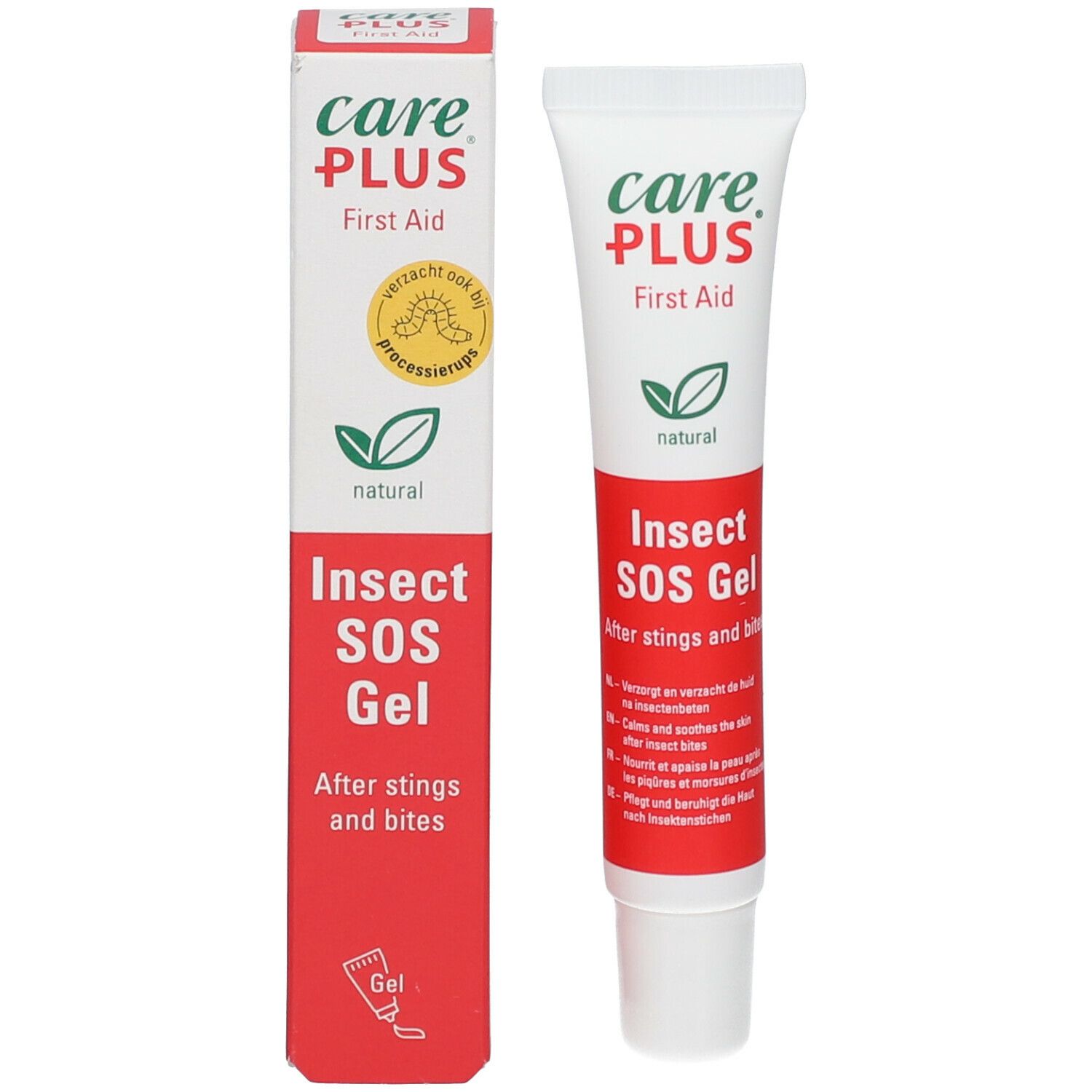 Productverpakking met tube en doos. Op de doos: care PLUS®, Insect SOS Gel. Bevat een groen blad-symbool.