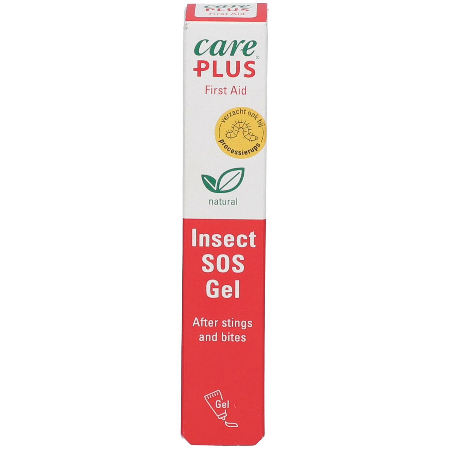 Doos met care PLUS® logo en opschrift Insect SOS Gel. Bevat een groen blad-symbool.
