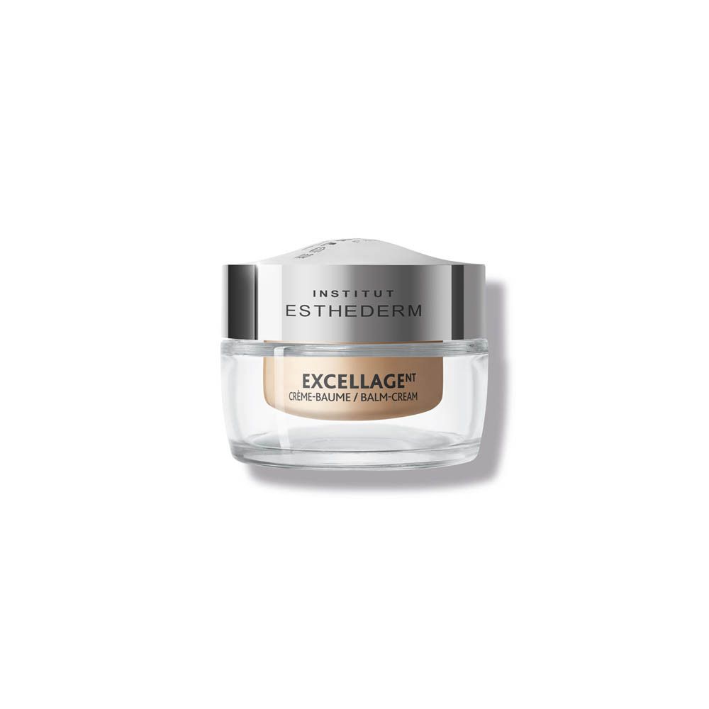Crème-balsem in een glazen pot. Zilverkleurig deksel met merknaam. Productnaam: Excellage.