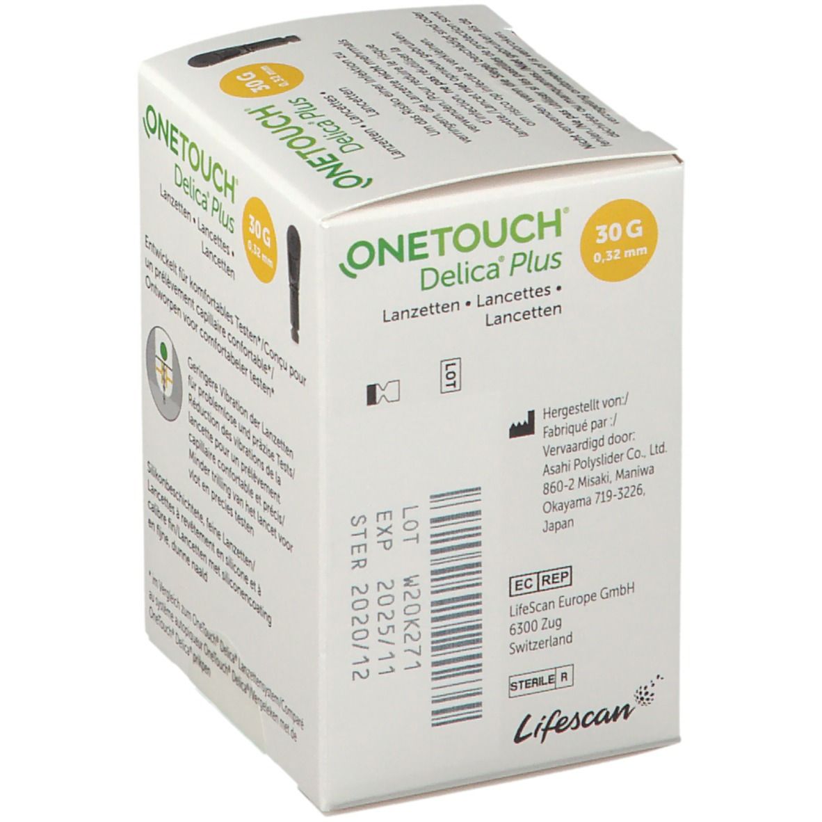Boîte de lancettes OneTouch Delica Plus. Blanc avec accent vert, nom du produit et indication 30G. Dates de production et d'expiration.