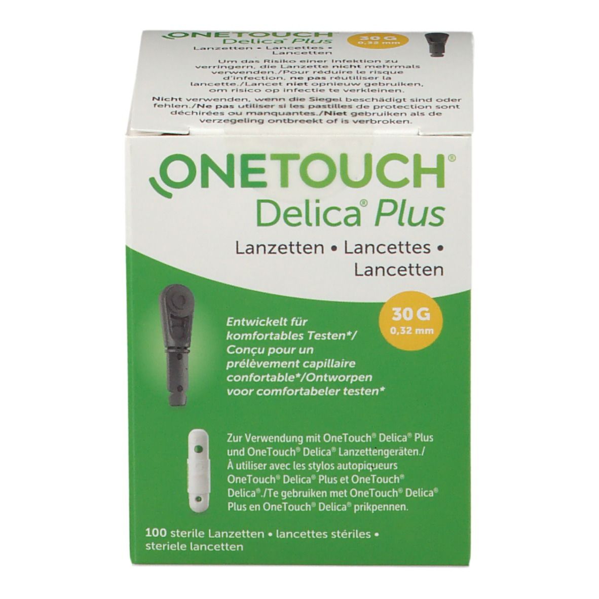 Boîte de lancettes OneTouch Delica Plus. Design vert et blanc, nom du produit et indication 30G. 100 lancettes stériles.
