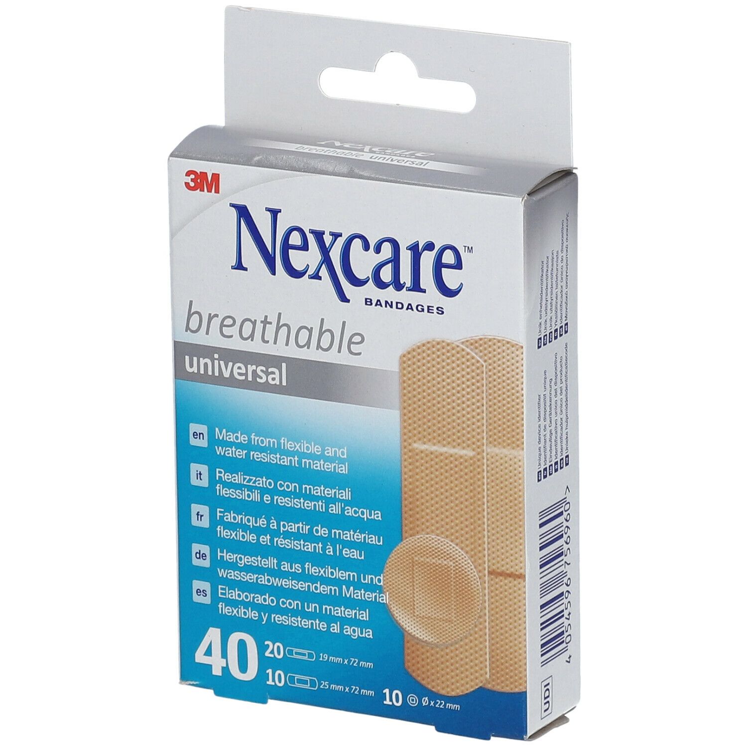 Nexcare Atmungsaktiv Universal pleisterdoos. Bevat 40 pleisters, verschillende maten. Flexibele, waterbestendige materialen.