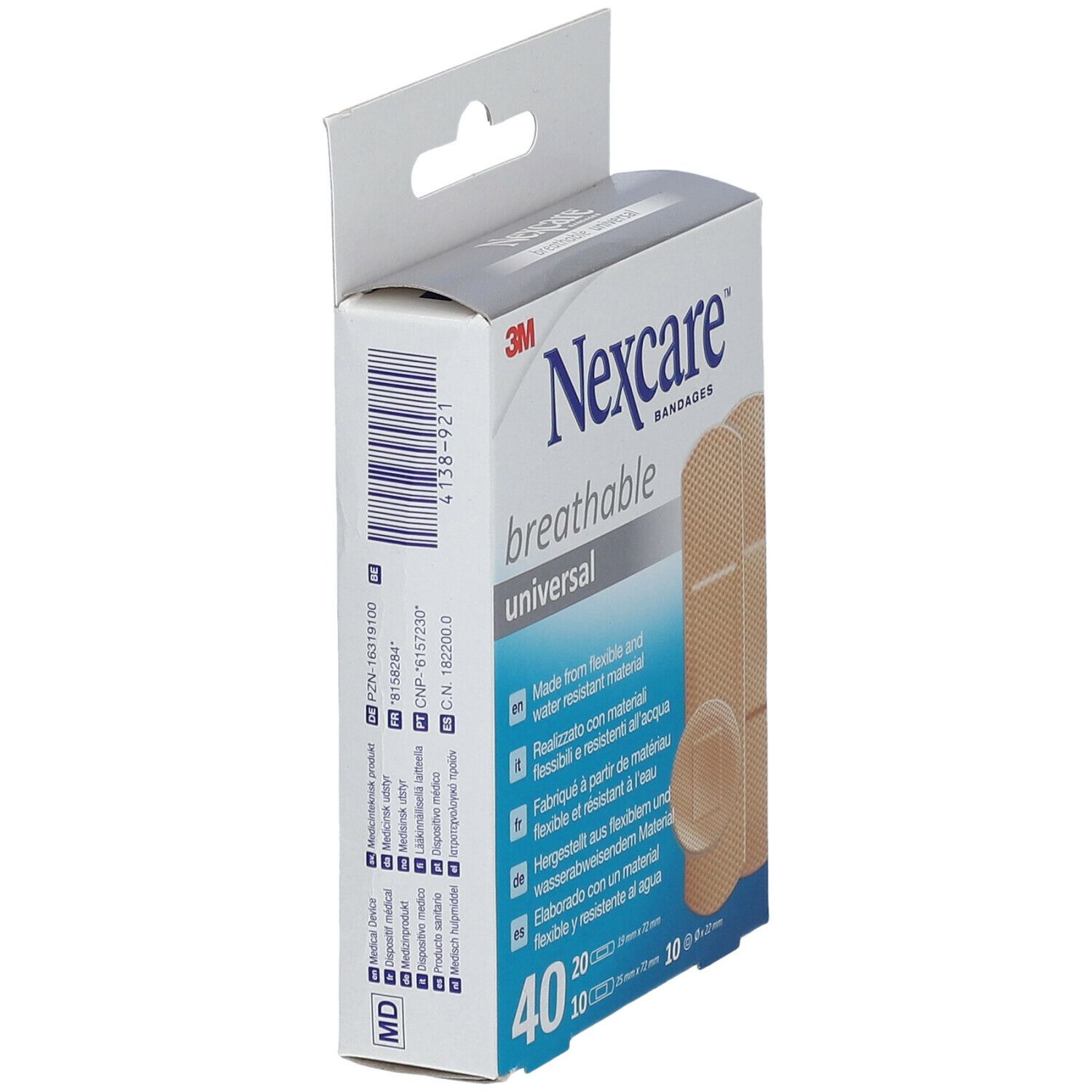 Zijaanzicht van Nexcare Atmungsaktiv Universal pleisterdoos. Bevat 40 pleisters. Flexibele, waterbestendige materialen. 3M logo.