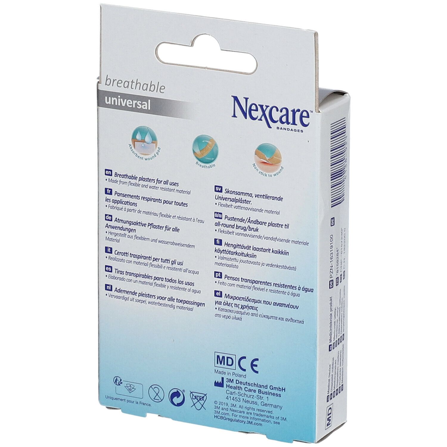 Achterkant van de Nexcare Atmungsaktiv Universal pleisterdoos. Informatie over materialen, gebruik en certificering.