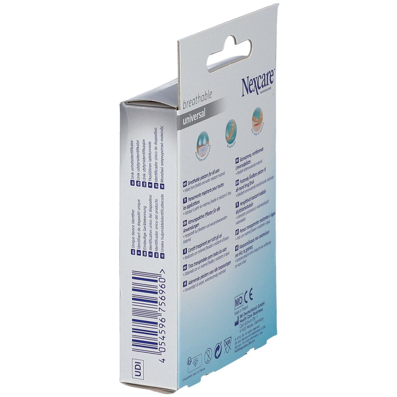 Zijaanzicht van de Nexcare Atmungsaktiv Universal pleisterdoos. Informatie over materialen, gebruik en certificering.