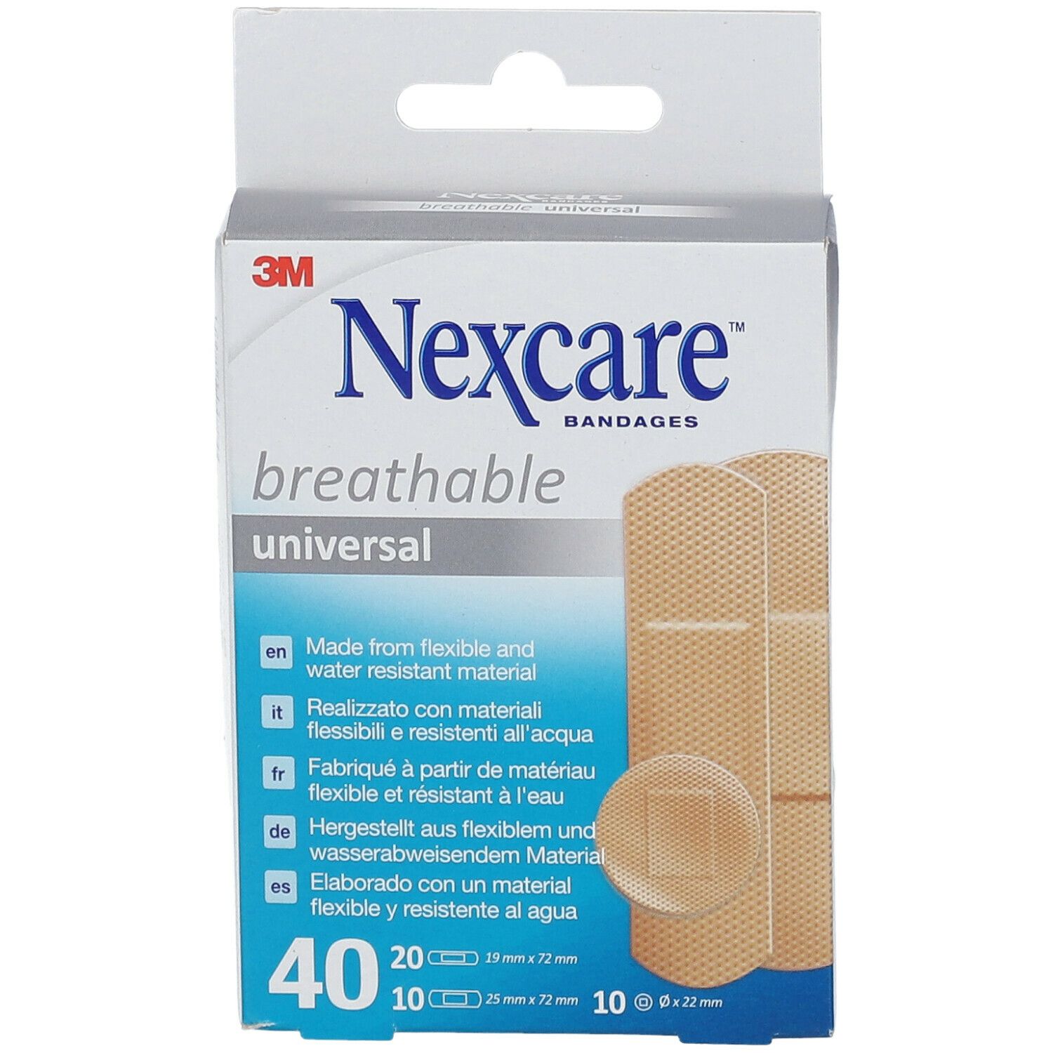 Nexcare Atmungsaktiv Universal pleisterdoos. Bevat 40 pleisters, verschillende maten. Flexibele, waterbestendige materialen.