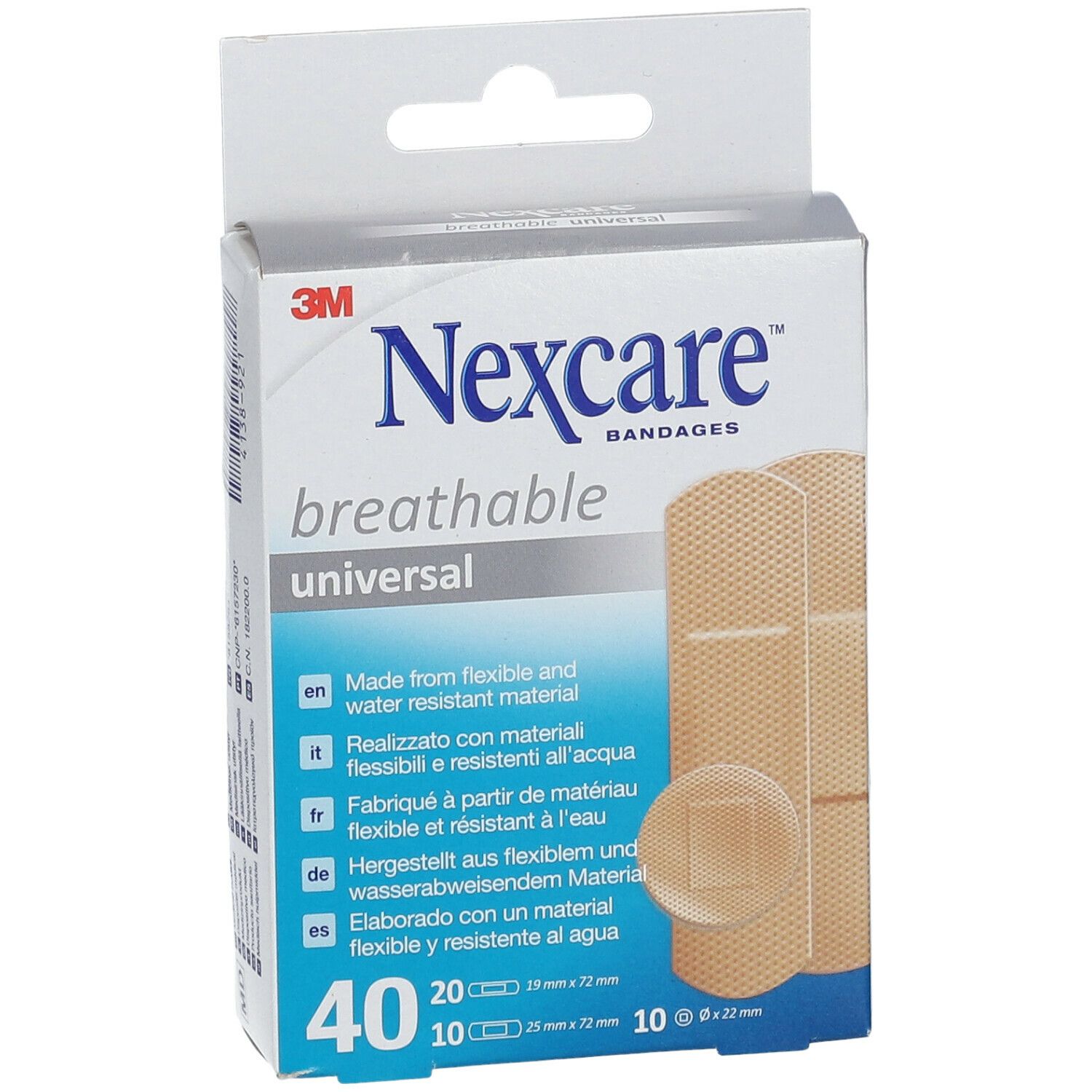 Nexcare Atmungsaktiv Universal pleisterdoos. Bevat 40 pleisters, verschillende maten. Flexibele, waterbestendige materialen.