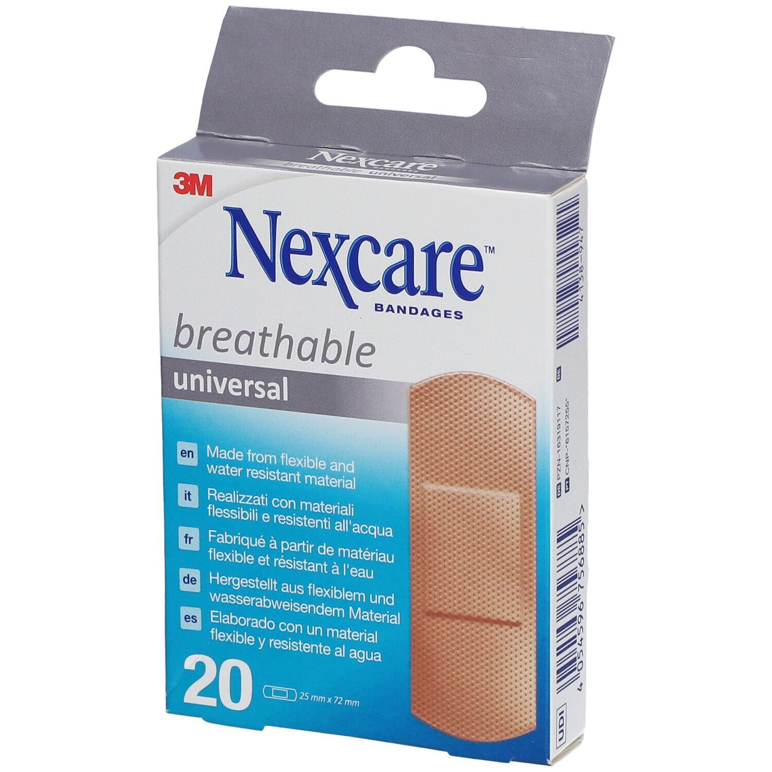 Nexcare universele pleisterdoos. 20 pleisters, 25 mm x 72 mm. Flexibele, waterbestendige materialen. Verpakking met productnaam en logo.