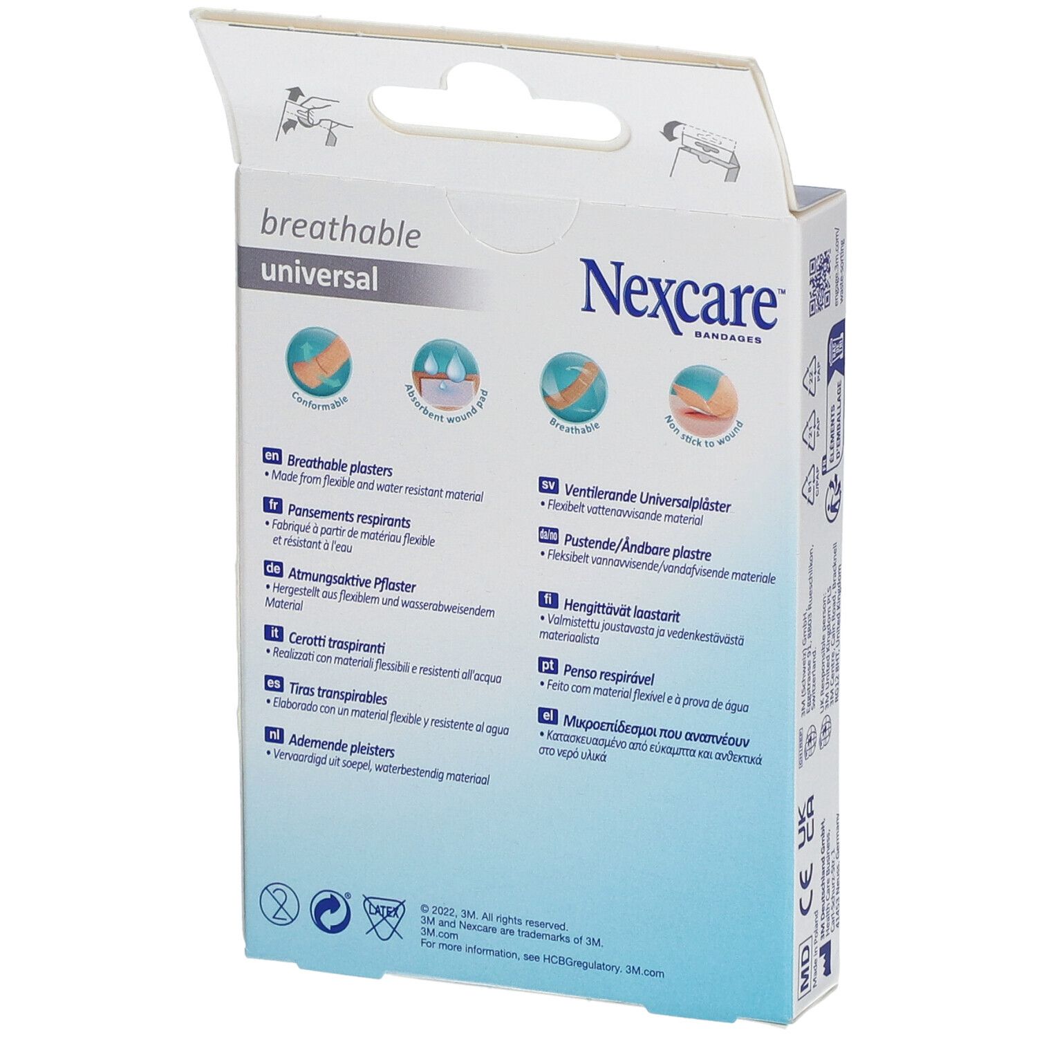 Achterkant van de Nexcare pleisterdoos. Productinformatie, logo's en pictogrammen. Beschrijving van de eigenschappen. Ademend en waterbestendig.