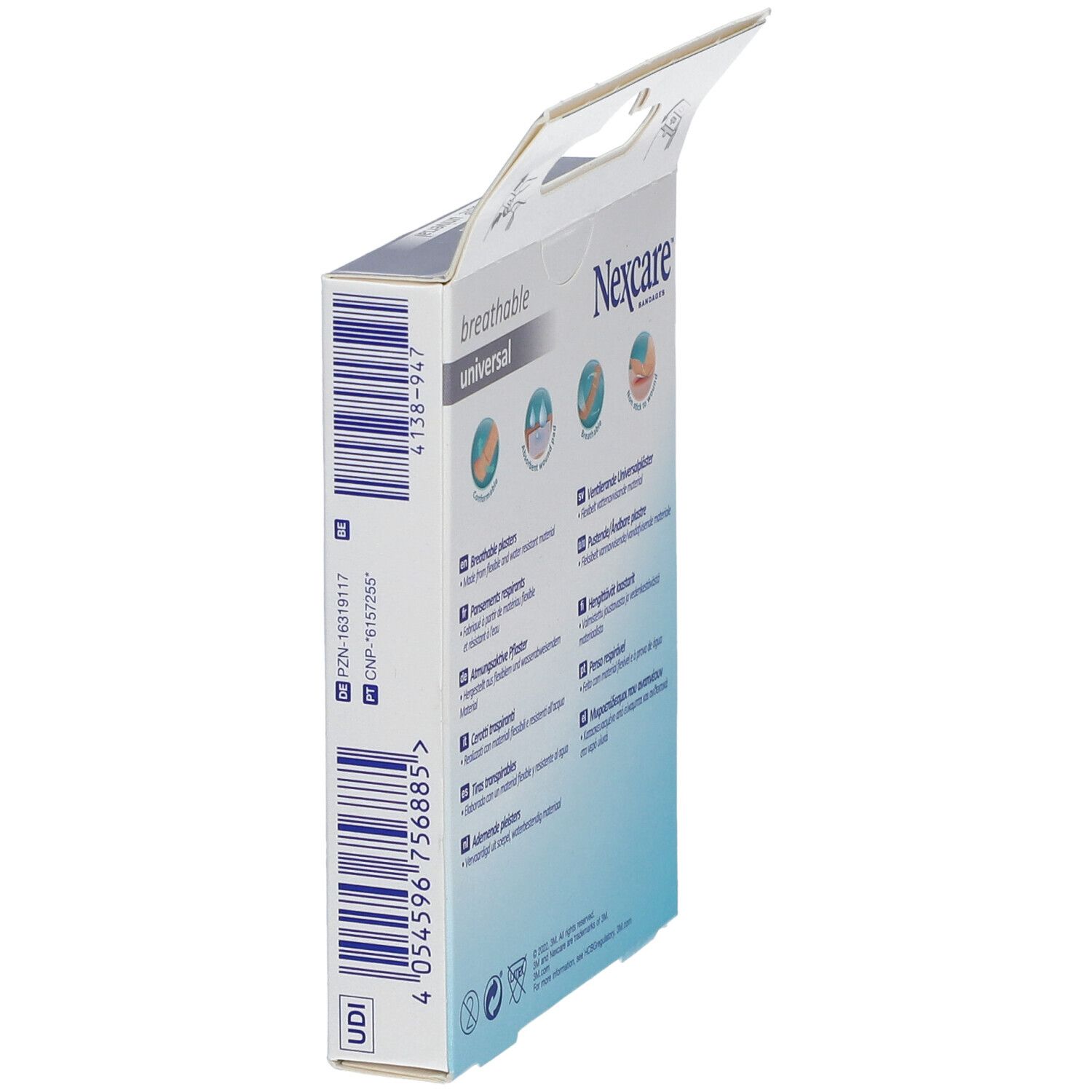 Zijaanzicht van de Nexcare pleisterdoos. Productnaam, logo en barcode. Informatie over productie en certificering. Ophangvoorziening.