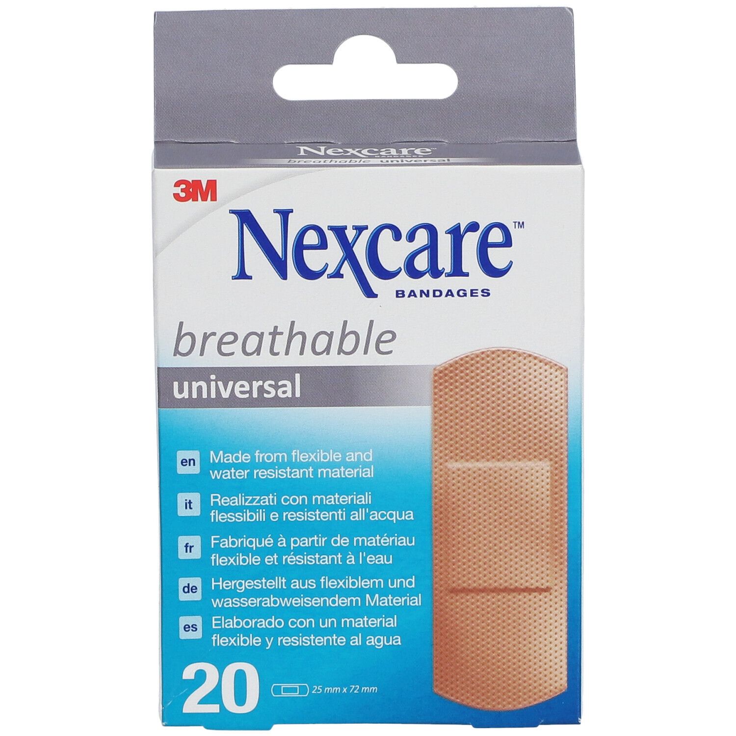 Nexcare universele pleisterdoos. 20 pleisters, 25 mm x 72 mm. Flexibele, waterbestendige materialen. Productnaam en logo duidelijk zichtbaar.