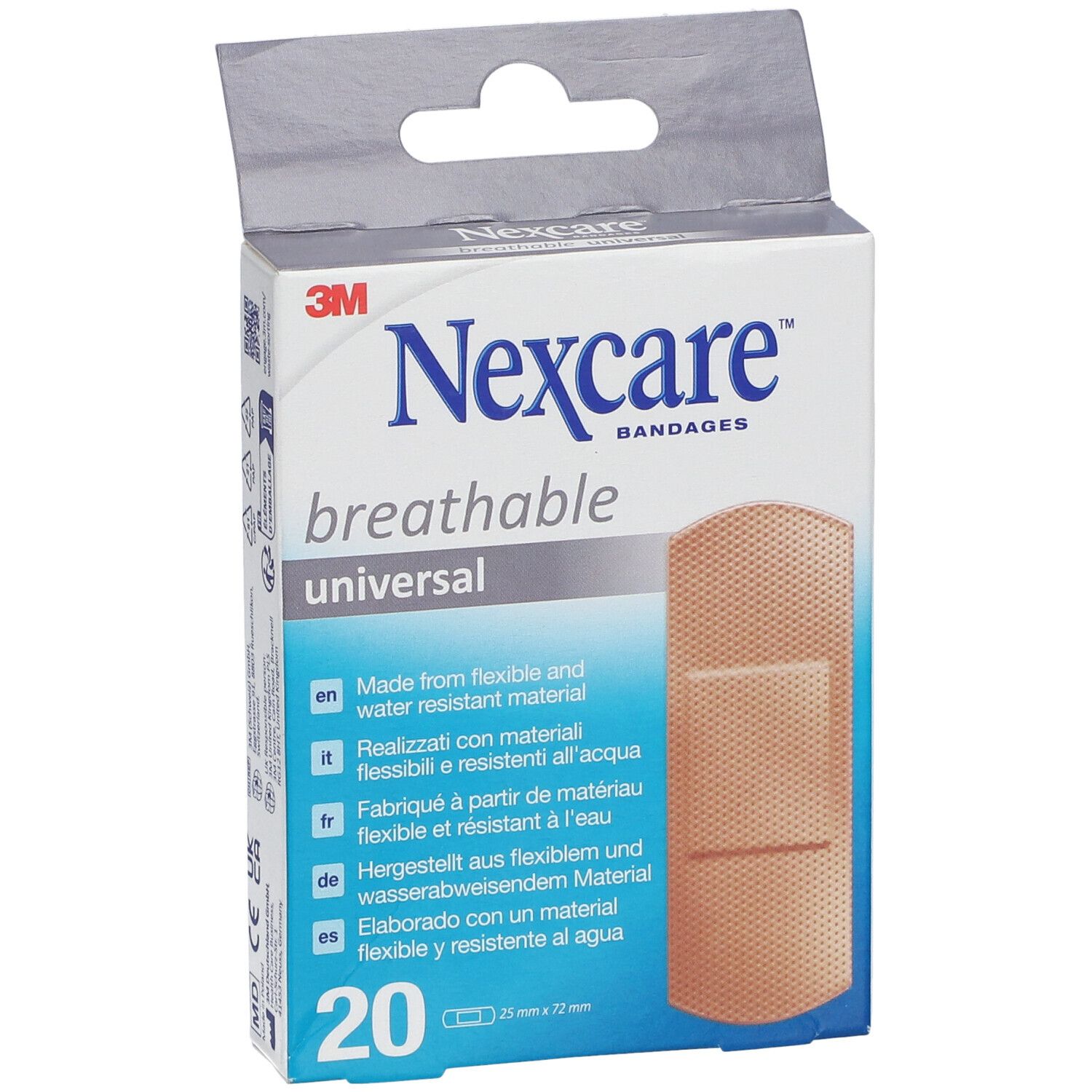 Open Nexcare pleisterdoos. Productnaam en logo. 20 pleisters, 25 mm x 72 mm. Flexibele, waterbestendige materialen. Ophangvoorziening.