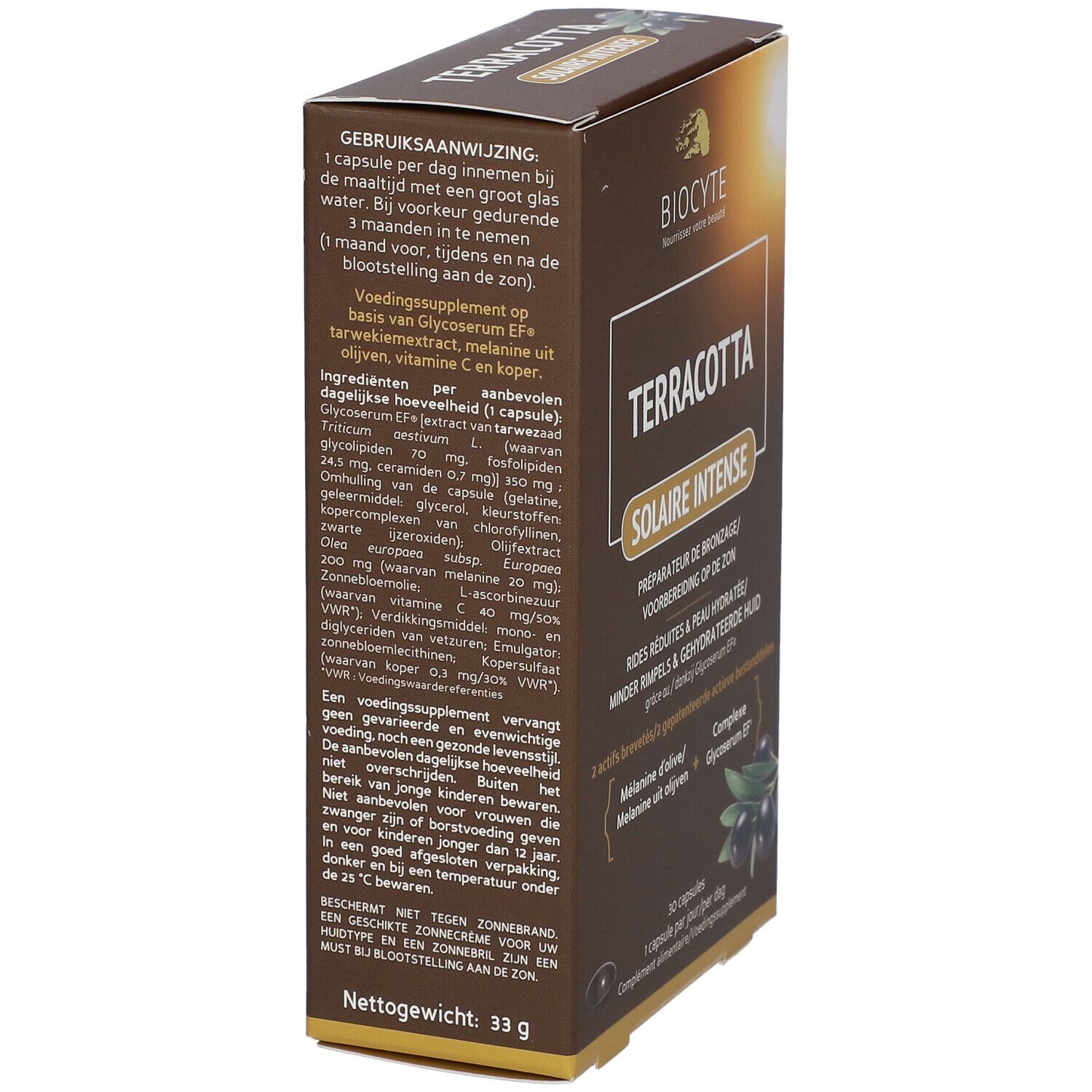 Dos de la boîte BIOCYTE Terracotta Solaire Intensiv. Ingrédients et informations détaillées.