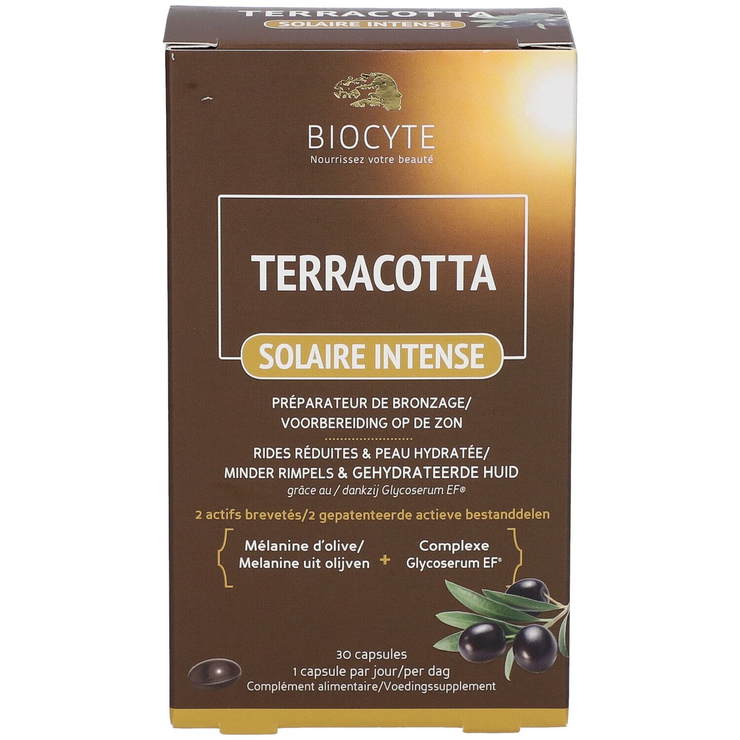 Boîte BIOCYTE Terracotta Solaire Intensiv. Nom du produit, logo et illustration d'olives.
