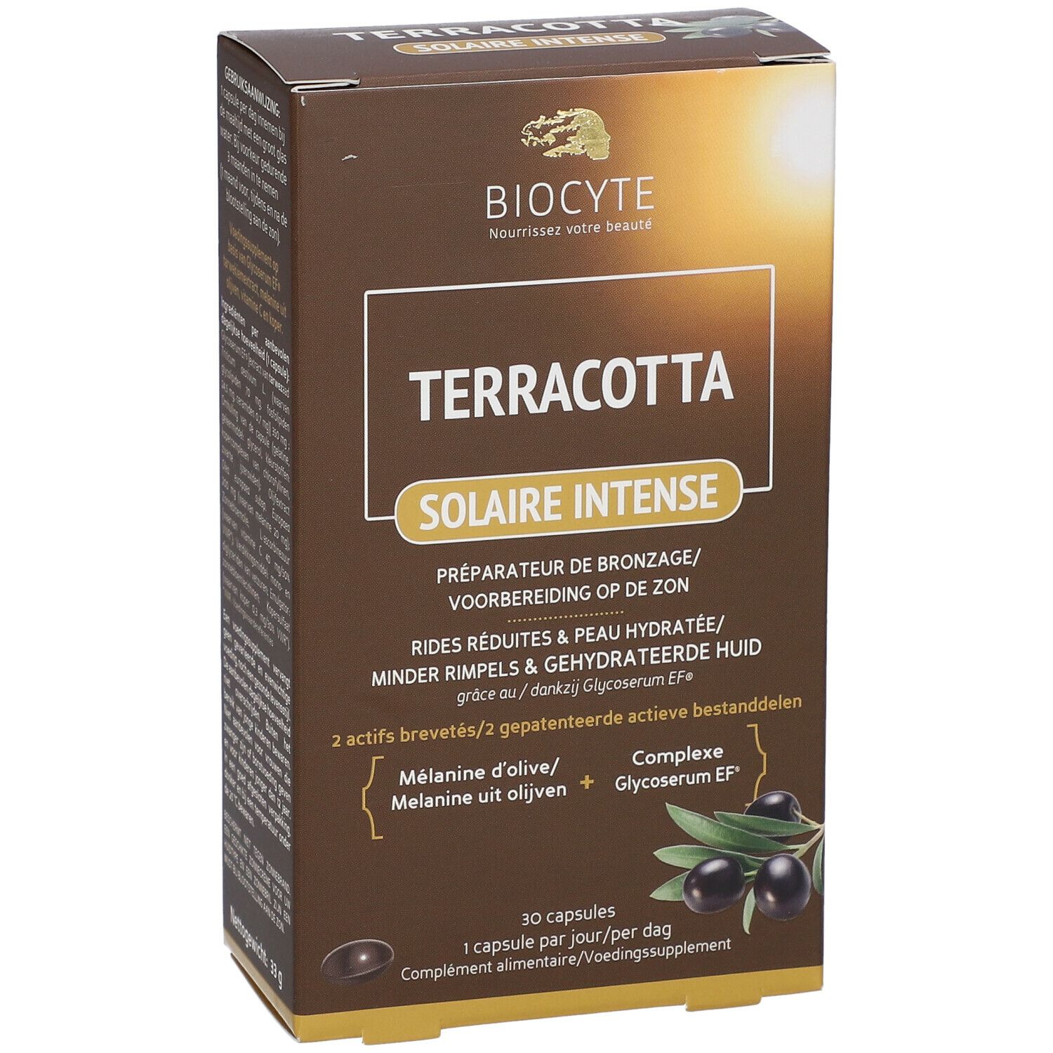Boîte BIOCYTE Terracotta Solaire Intensiv. Nom du produit, logo et illustration d'olives.