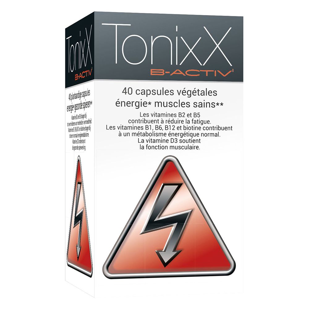 Boîte de TonixX B-Active, 40 capsules. Symbole éclair rouge. Texte: énergie, muscles sains. Contient vitamines B2, B5, B1, B6, B12, biotine, D3.