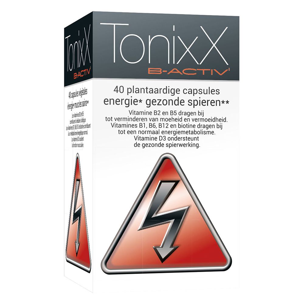 Doos met TonixX B-Active, 40 capsules. Rood bliksemsymbool. Tekst: energie, gezonde spieren. Bevat vitaminen B2, B5, B1, B6, B12, biotine, D3.