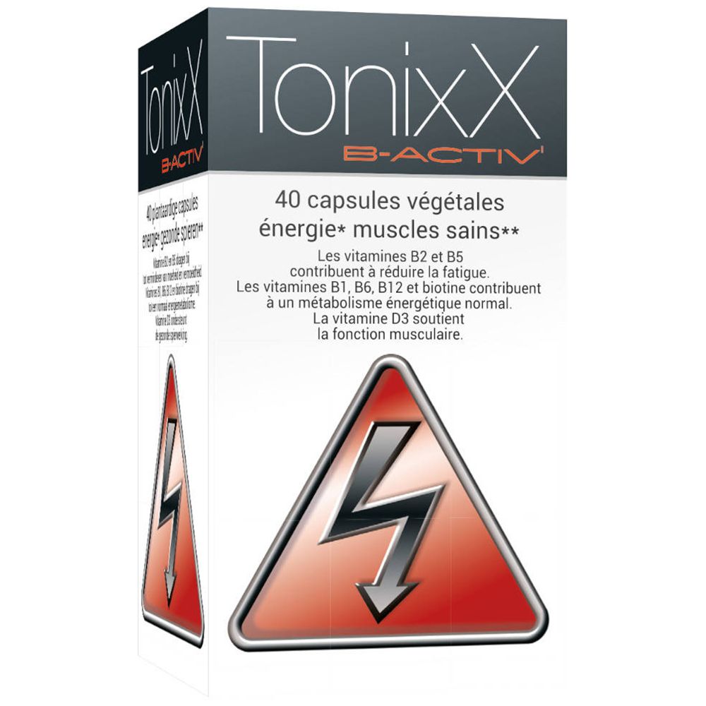 Boîte de TonixX B-Activ, 40 capsules. Symbole éclair rouge. Texte: énergie, muscles sains. Contient vitamines B2, B5, B1, B6, B12, biotine, D3.