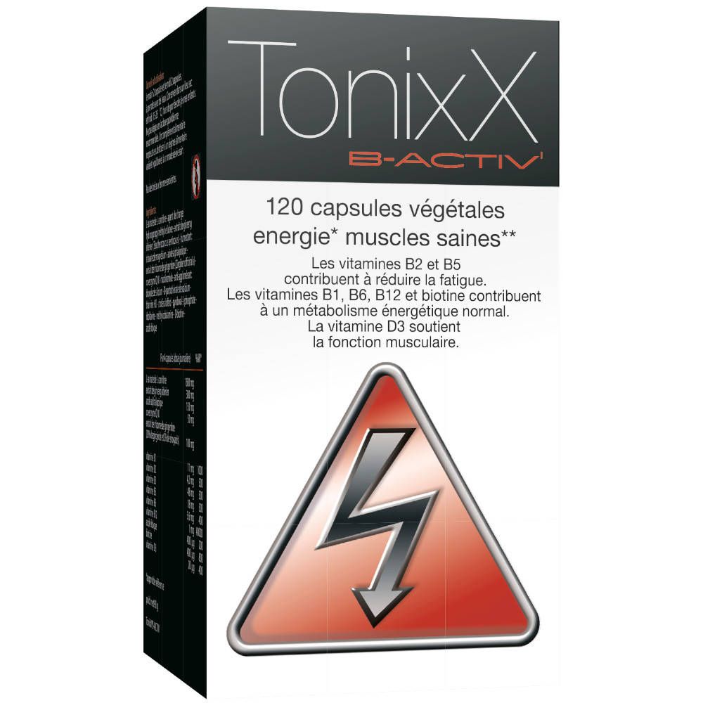 Boîte de TonixX B-Activ. 120 capsules végétales. Contient vitamines B2, B5, B1, B6, B12 et biotine. Triangle avec éclair.