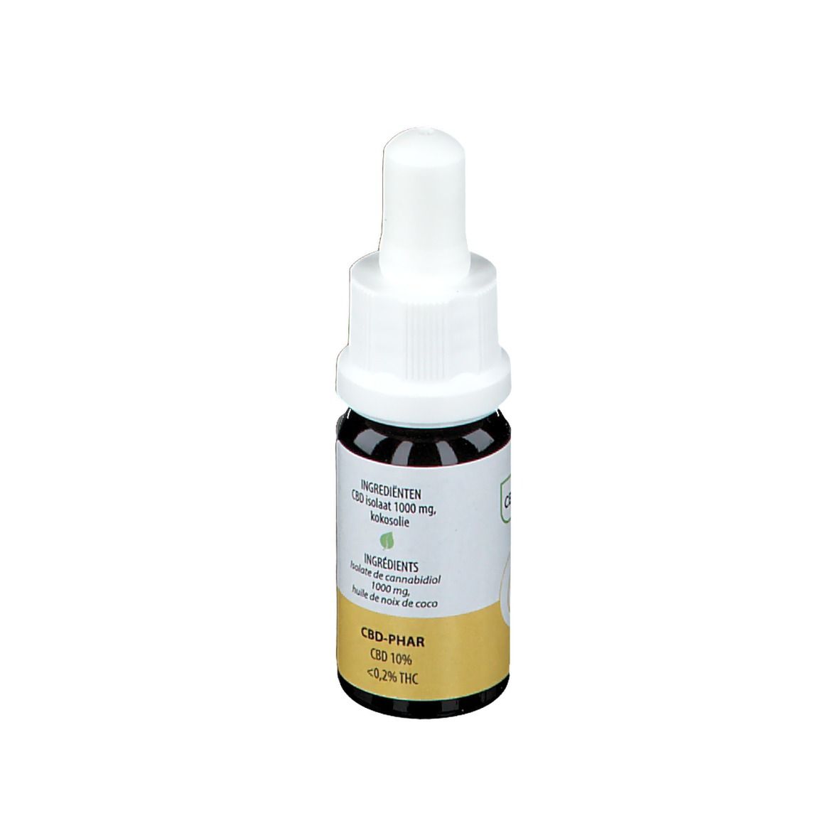 Braune Glasflasche mit weißem Deckel und Pipette. Etikett mit Inhaltsstoffen und CBD-Phar 10%.