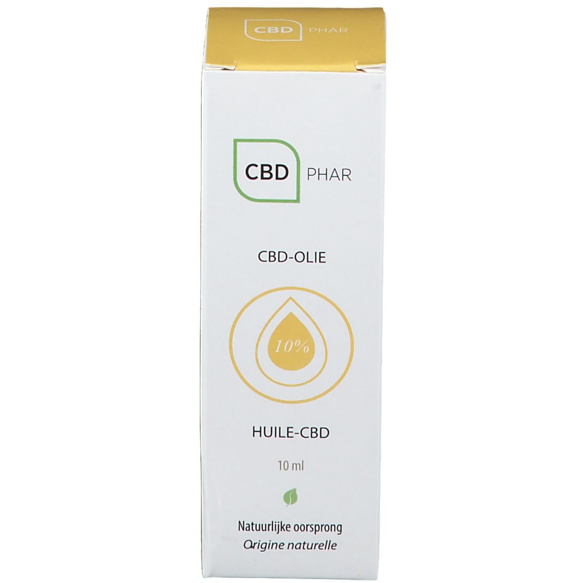 Produktverpackung mit Aufschrift CBD-Olie, 10%, 10 ml und Inhaltsstoffe.