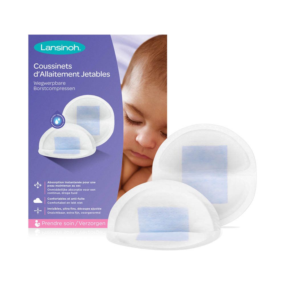 Lansinoh® zoogcompressen en verpakking. Ronde, witte compressen met blauwe kern.