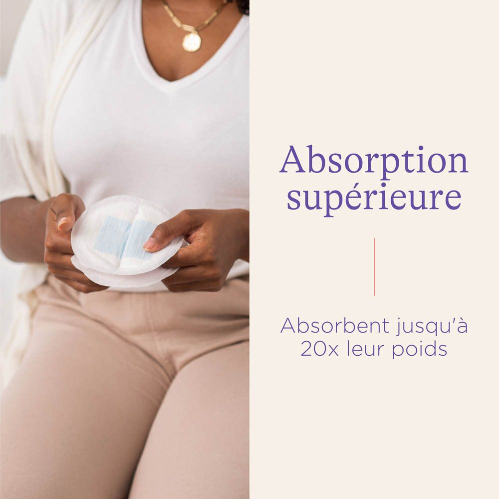 Boîte de coussinets d'allaitement Lansinoh®. Coussinets et bébé sur l'emballage.