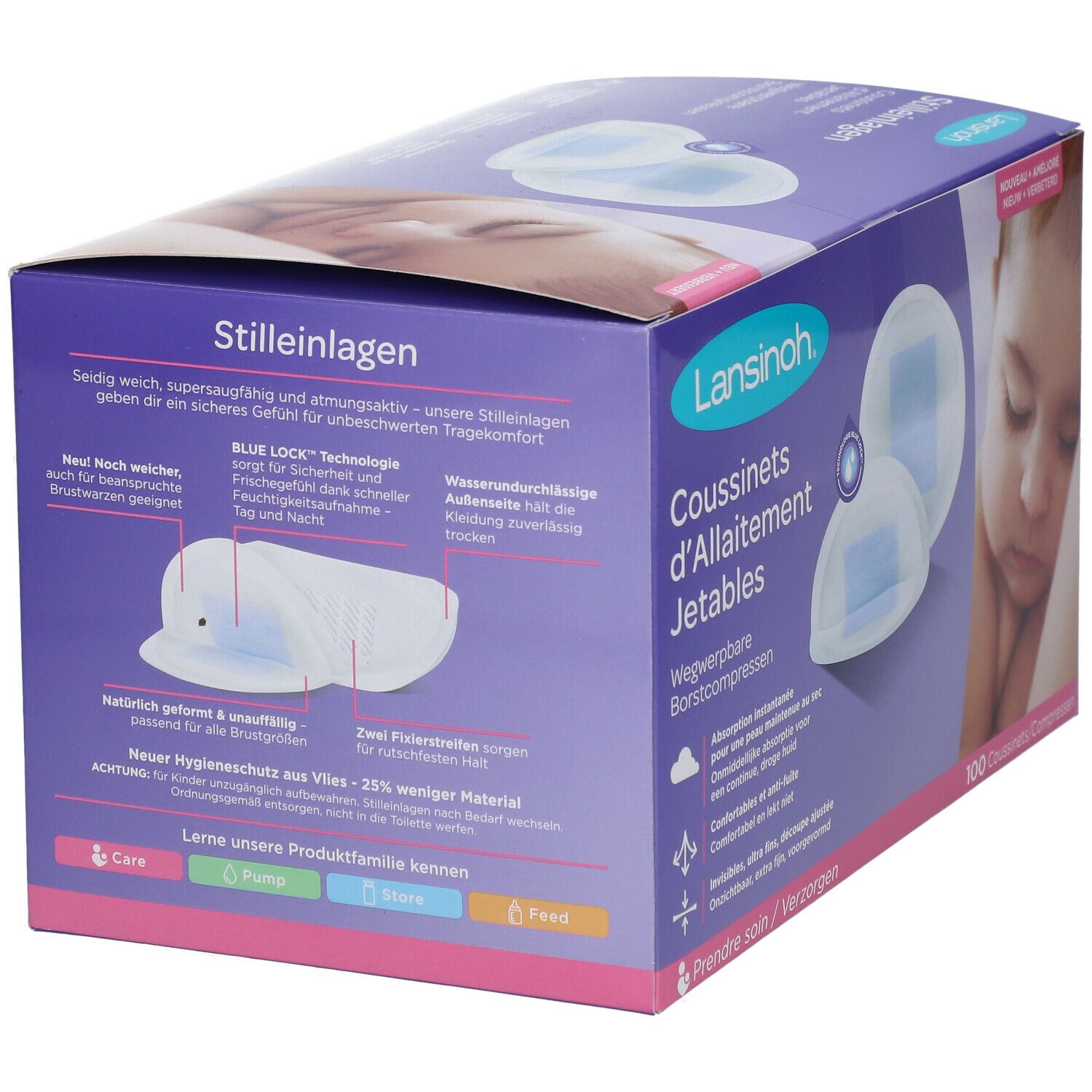 Verpakking borstcompressen. Merk Lansinoh. Opschrift: 'Stilleinlagen'. Afbeelding van compressen. Bevat 100 stuks.