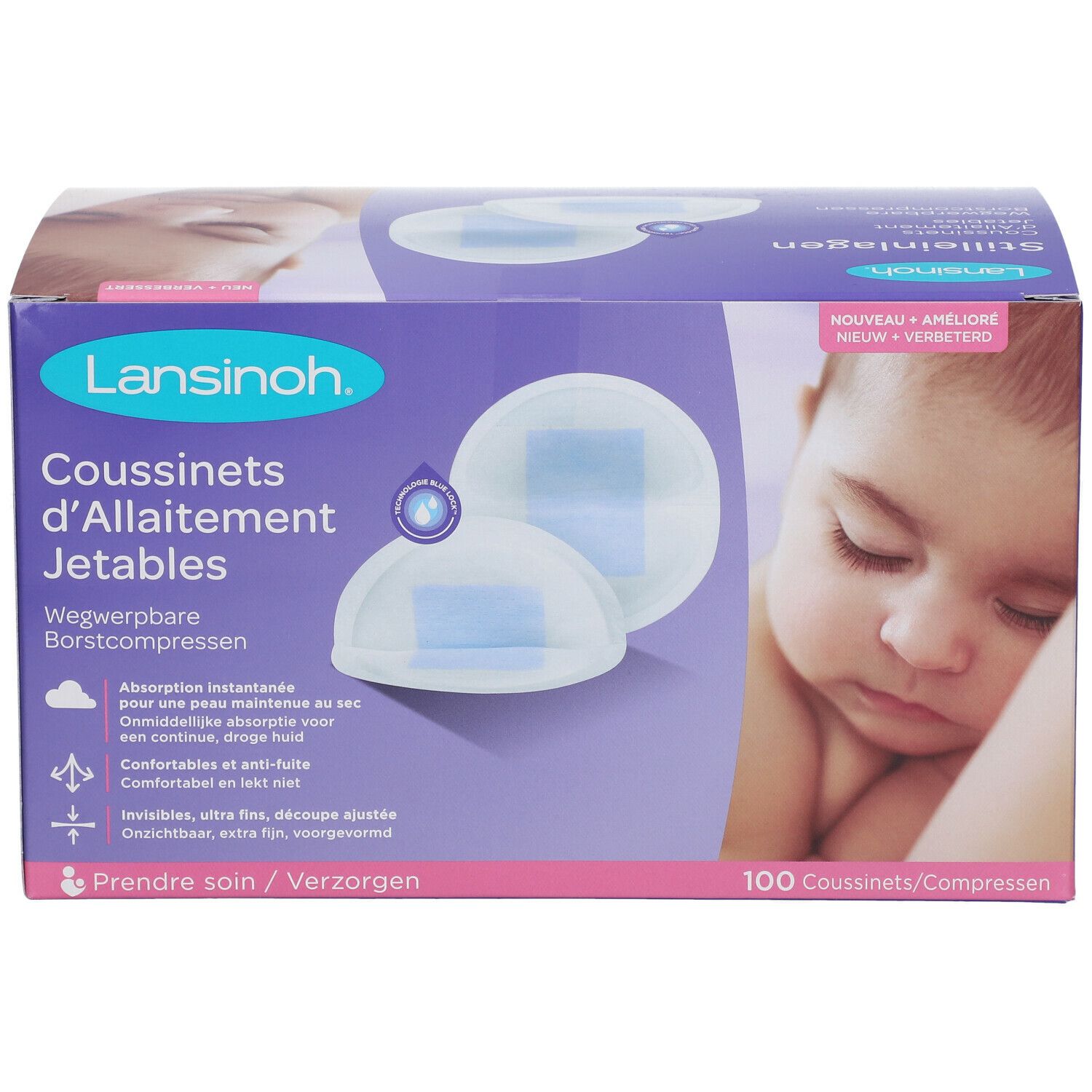 Verpakking Lansinoh wegwerp borstcompressen. Opschrift: 'Coussinets d'Allaitement Jetables'. Afbeelding van een baby. Bevat 100 stuks.