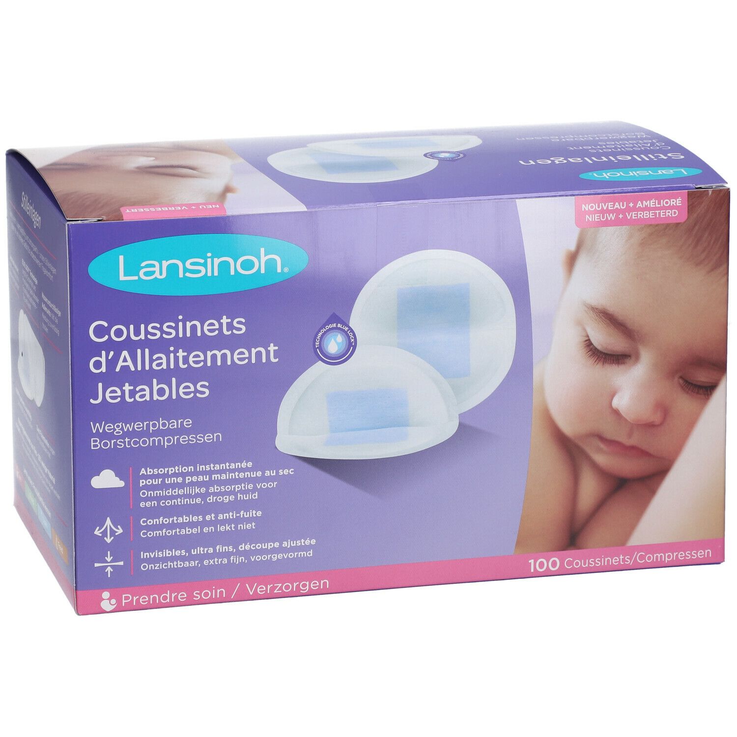 Verpakking Lansinoh wegwerp borstcompressen. Opschrift: 'Coussinets d'Allaitement Jetables'. Afbeelding van een baby. Bevat 100 stuks.
