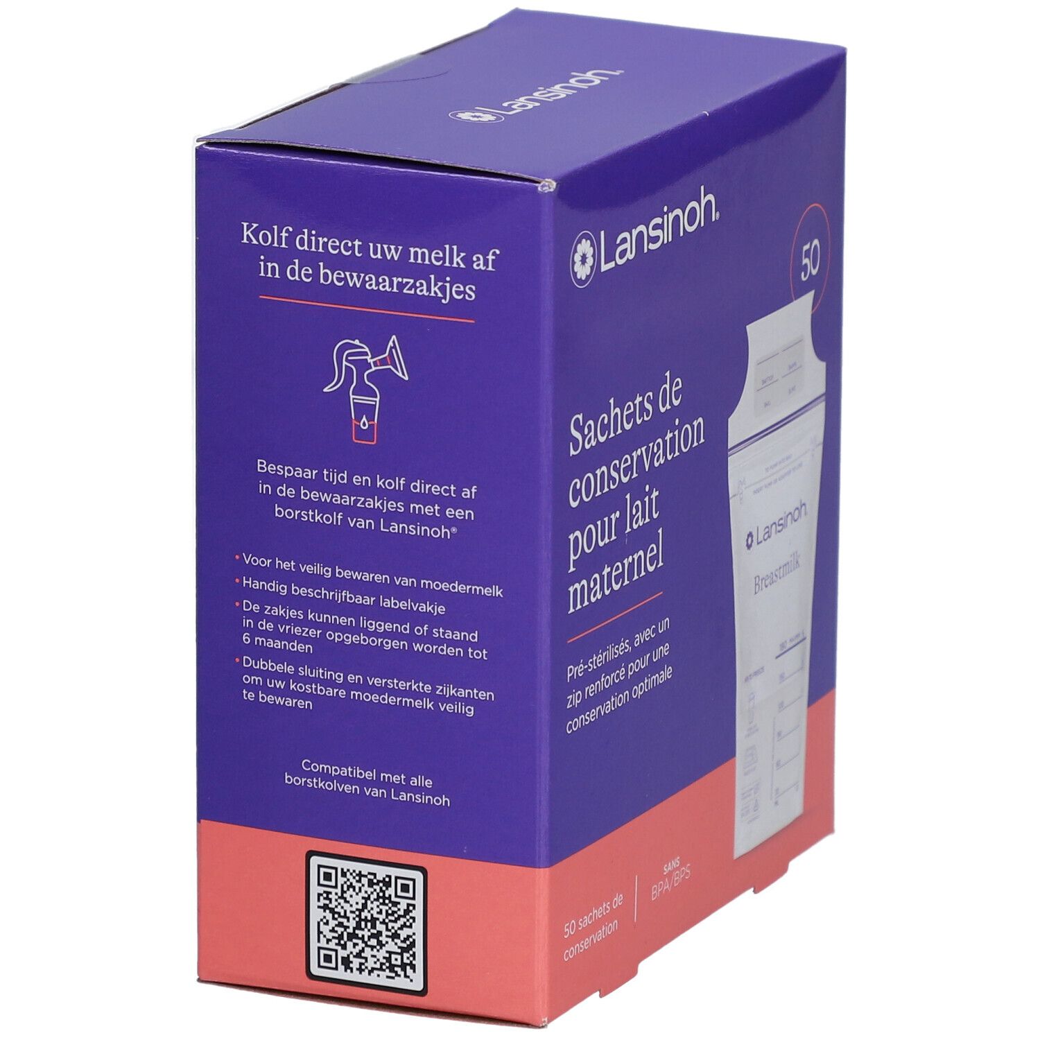 Boîte violette Lansinoh avec 50 sachets pour lait maternel. Texte: "Kolf direct uw melk af in de bewaarzaksjes".