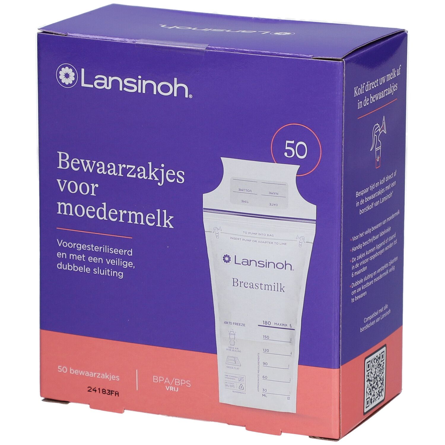 Boîte violette Lansinoh avec 50 sachets pour lait maternel. Texte: "Bewaarzaksjes voor moedermelk".