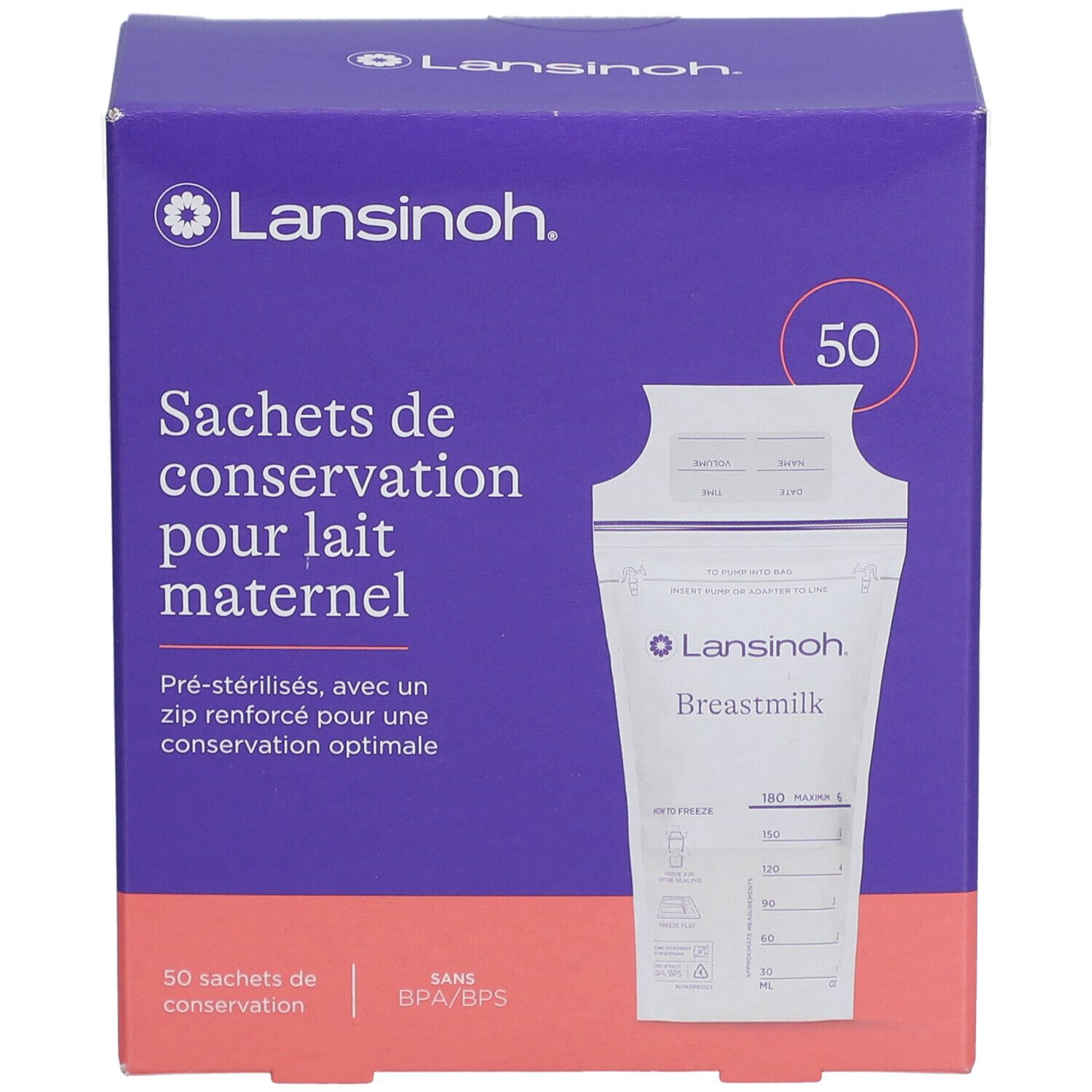 Boîte violette Lansinoh avec 50 sachets pour lait maternel. Texte: "Sachets de conservation pour lait maternel".