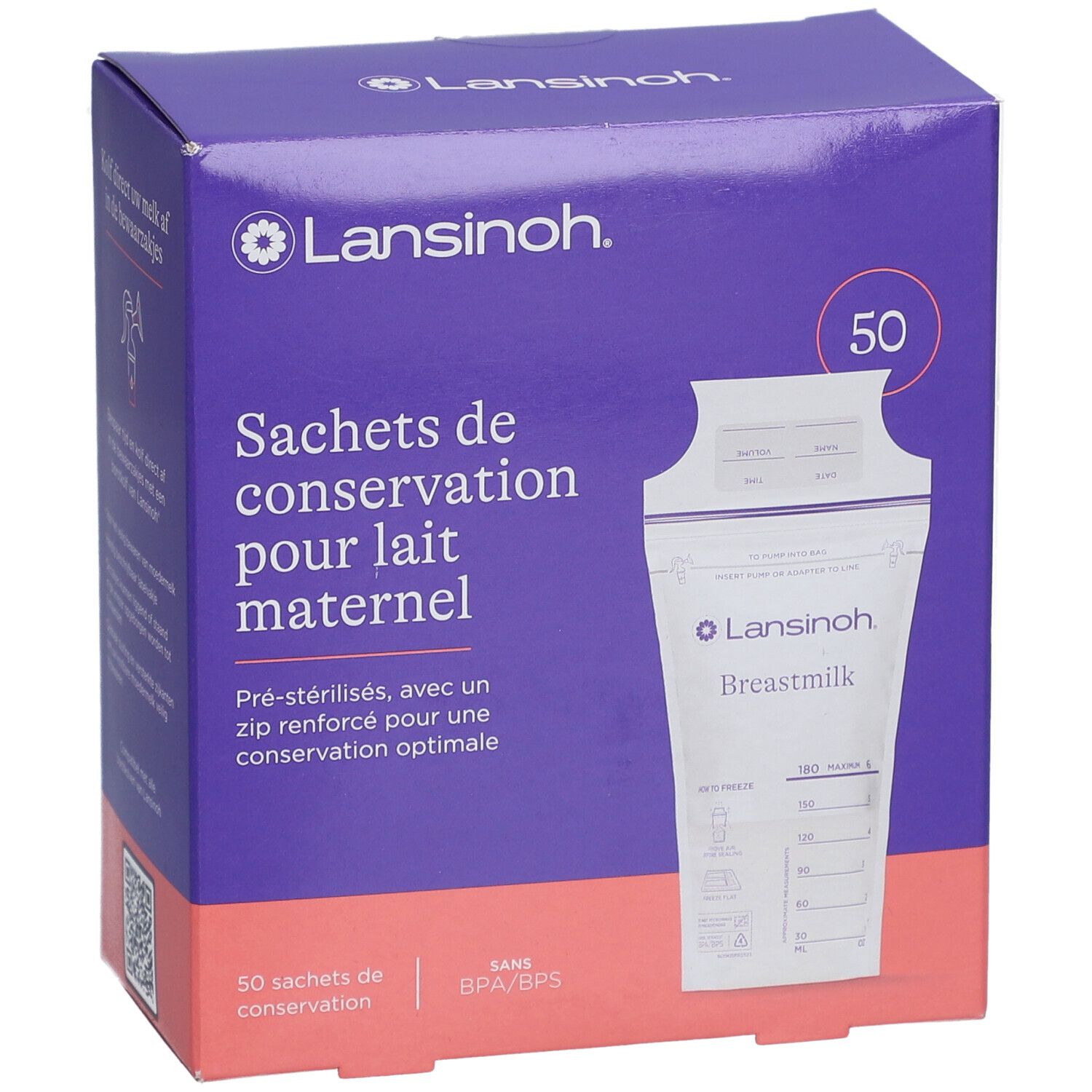 Boîte violette Lansinoh avec 50 sachets pour lait maternel. Texte: "Sachets de conservation pour lait maternel".