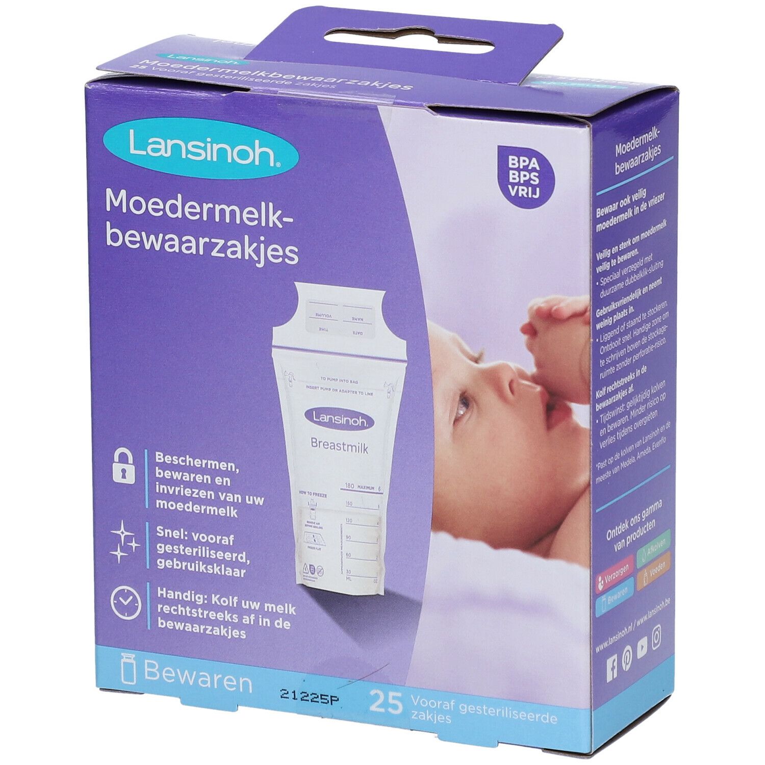 Lansinoh moedermelk bewaarzakjes verpakking. Paarse doos met productafbeelding en tekst. Bevat 25 zakjes. BPA/BPS vrij.