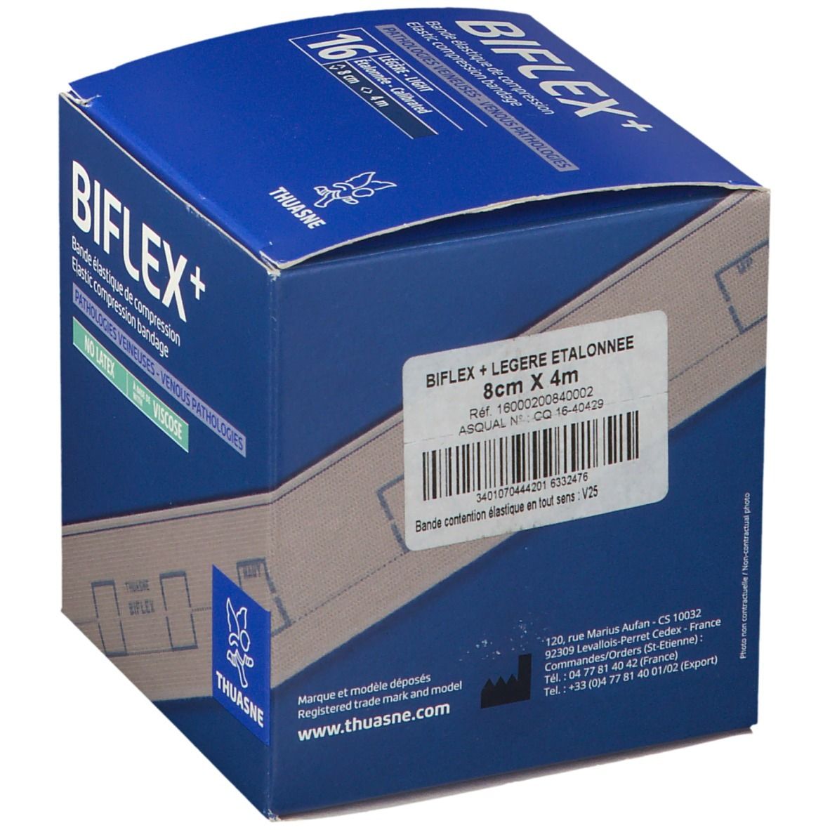 Boîte bleue BIFLEX+ et THUASNE. Bande de compression élastique. Dimensions : 8 cm x 4 m. Étiquette avec informations produit.
