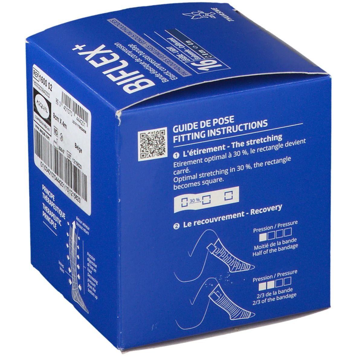 Boîte bleue BIFLEX+ et THUASNE. Bande de compression élastique. Dimensions : 8 cm x 4 m. Instructions d'utilisation.