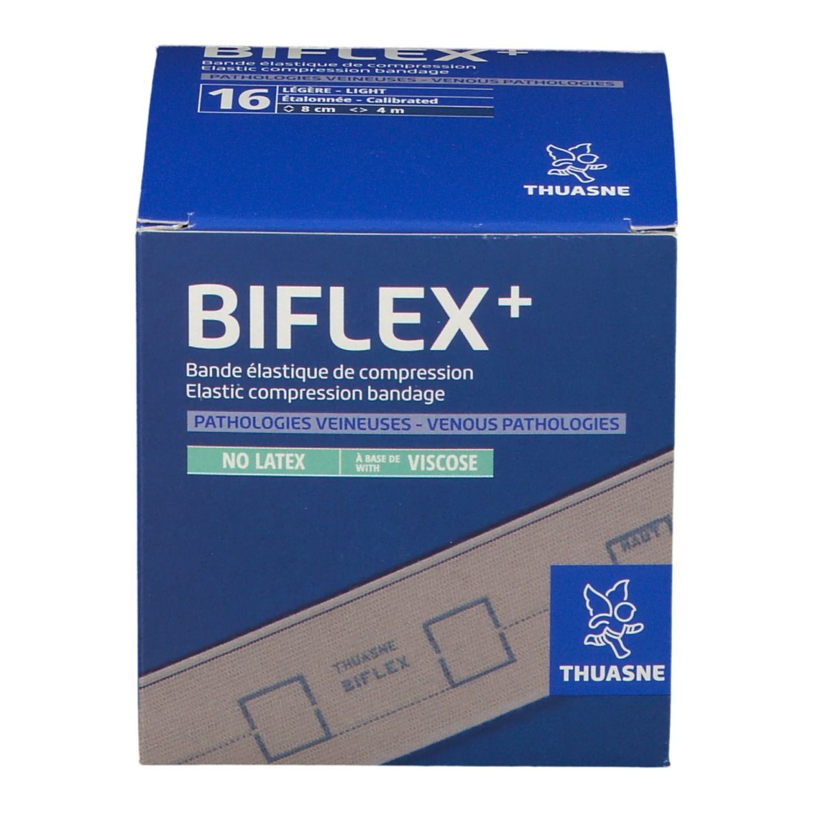 Boîte bleue BIFLEX+ et THUASNE. Bande de compression élastique. Dimensions : 8 cm x 4 m. Inscription : NO LATEX, VISCOSE.