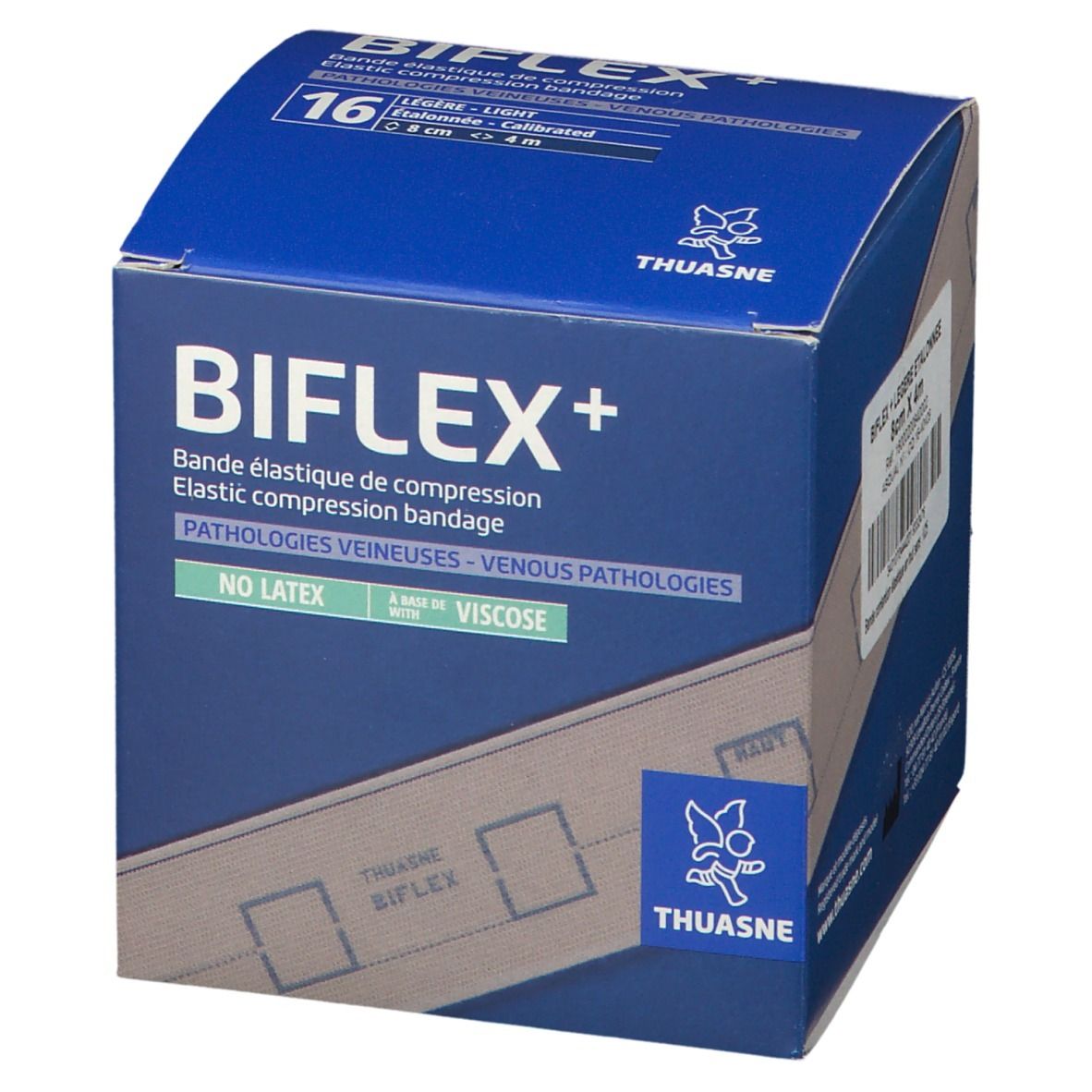 Boîte bleue BIFLEX+ et THUASNE. Bande de compression élastique. Dimensions : 8 cm x 4 m. Inscription : NO LATEX, VISCOSE.