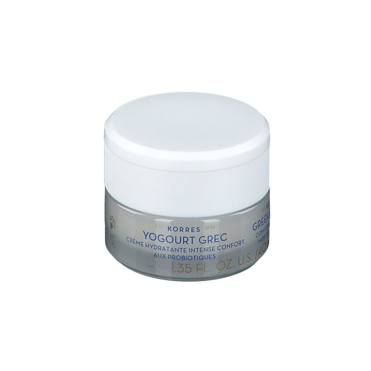 Pot de crème avec couvercle blanc et base argentée. Inscription : YOGOURT GREC, Crème hydratante intense confort.