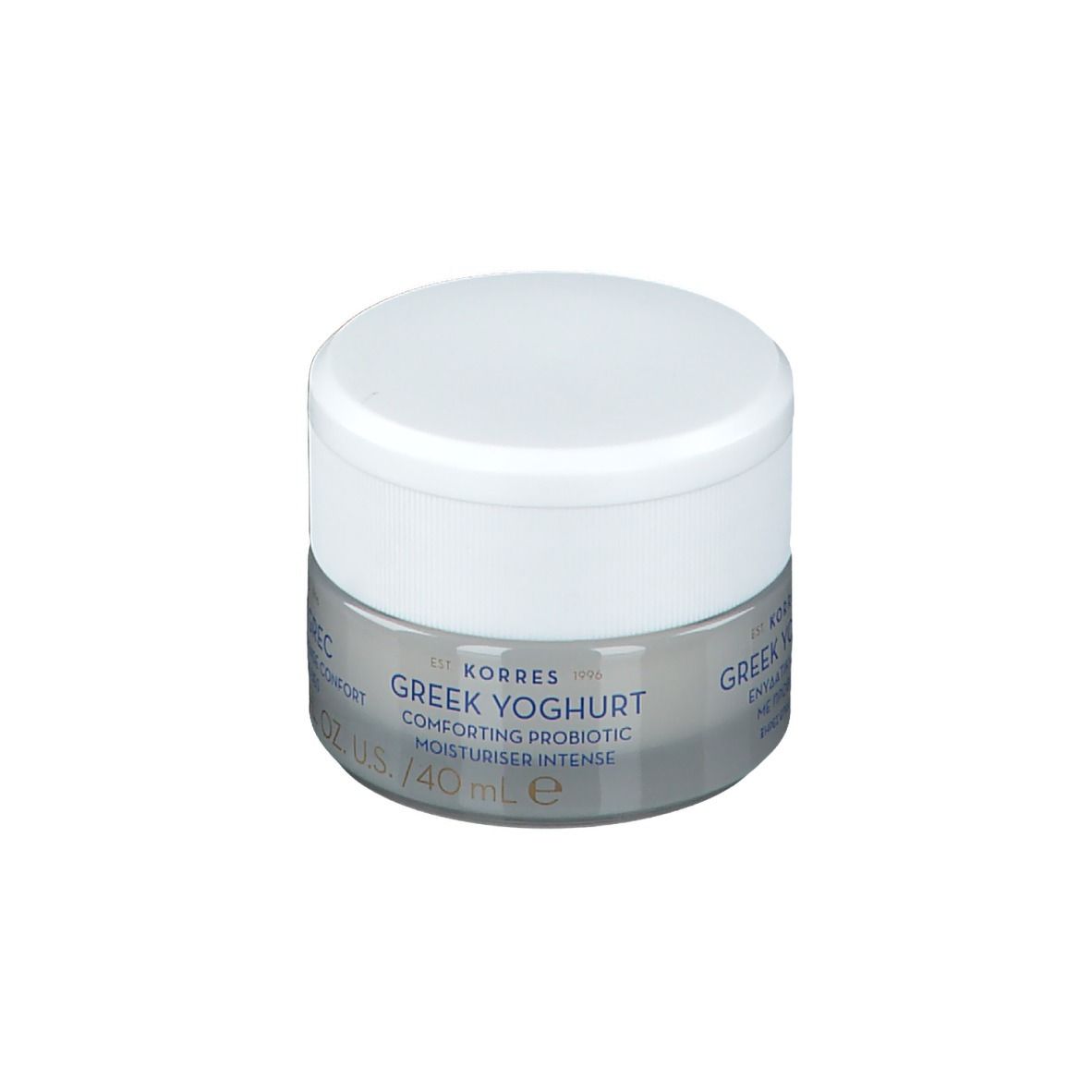 Pot de crème avec couvercle blanc et base argentée. Inscription : GREEK YOGHURT, Comforting Probiotic Moisturiser Intense.