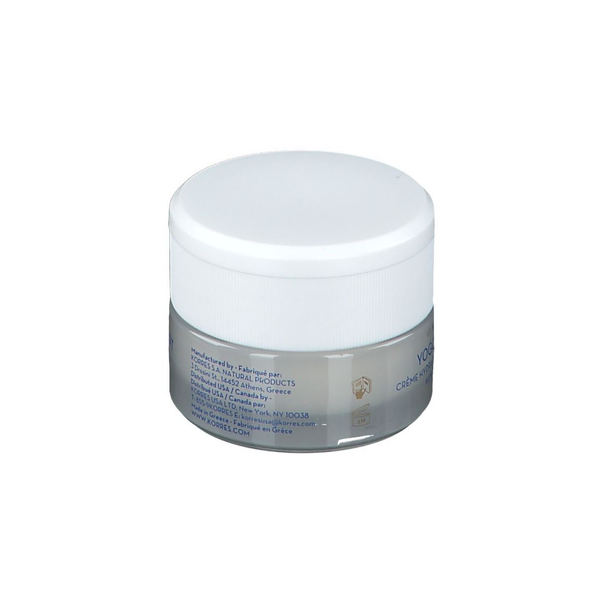 Pot de crème avec couvercle blanc et base argentée. Inscription : YOGOURT GREC, Crème hydratante intense confort.