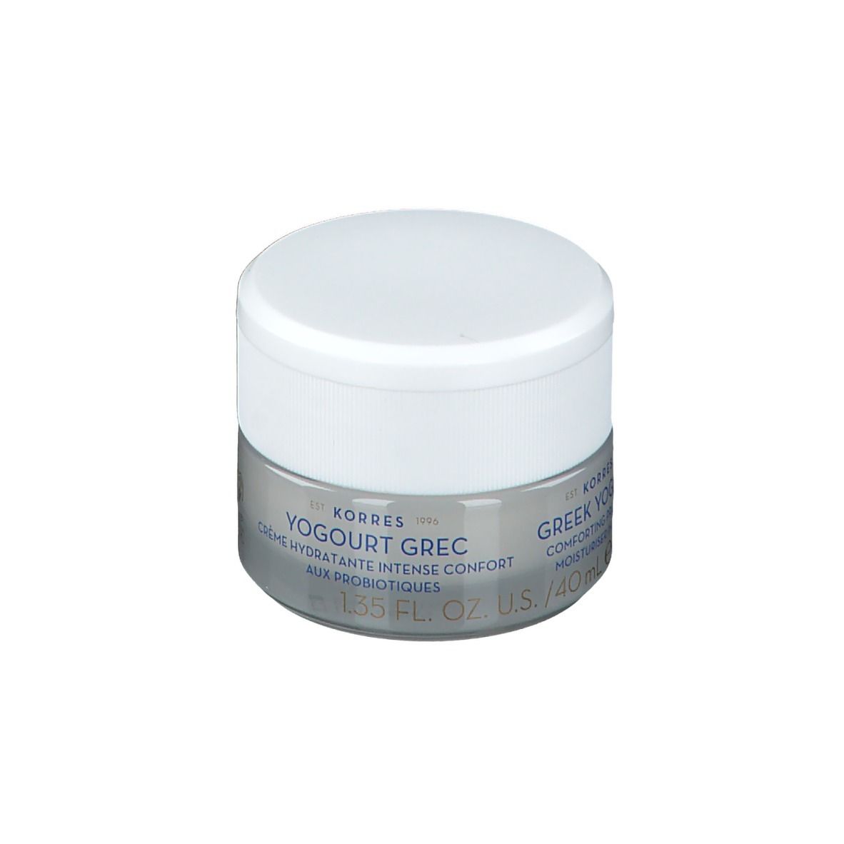 Pot de crème avec couvercle blanc et base argentée. Inscription : YOGOURT GREC, Crème hydratante intense confort.