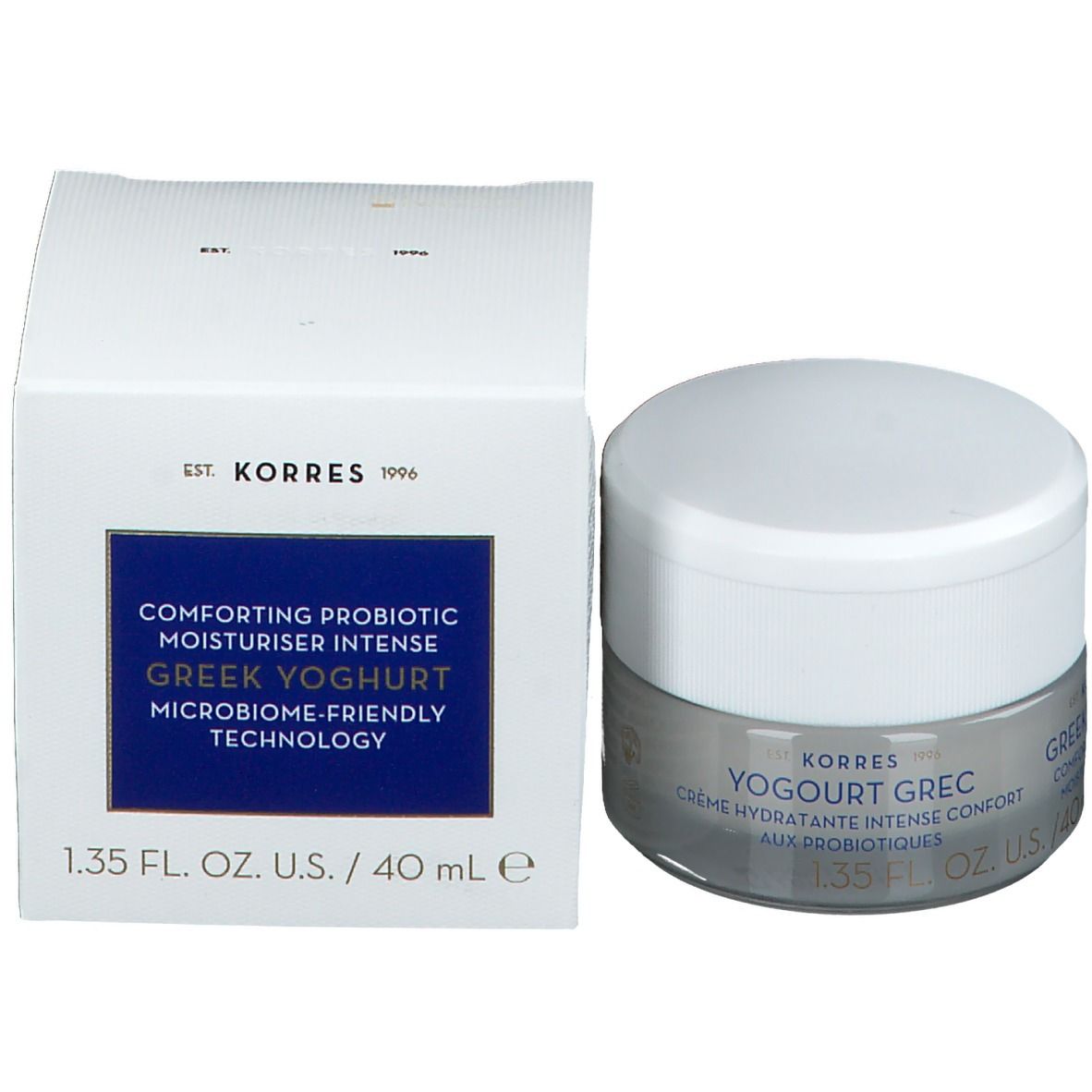 Pot de crème et boîte. Inscription : GREEK YOGHURT, Comforting Probiotic Moisturiser Intense. 40 ml.